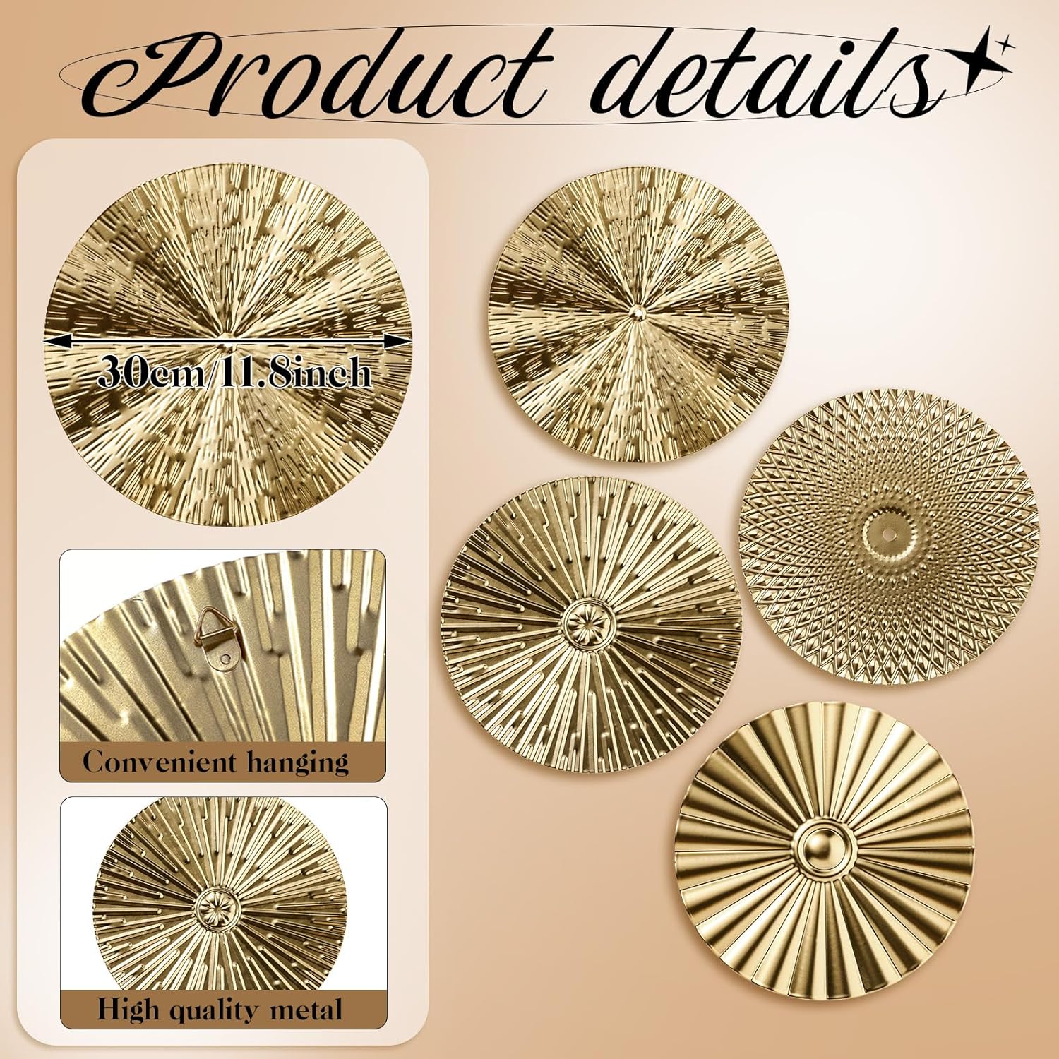 Metal Wall Art Decor Modern Sunburst Hanging Artwork Decor Wall / Gold / 12 Inch / Set of 4