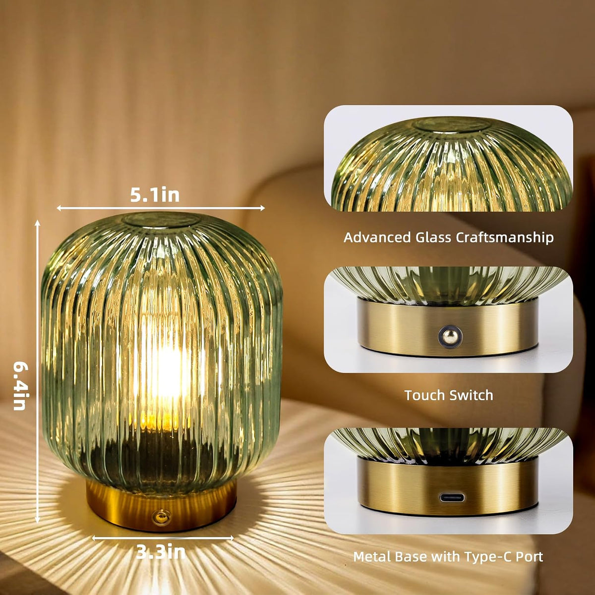 MJ PREMIER Rechargeable Table Lamp,Cordless Lamp with Memory Function,Green | Small Glass LED Lamp with Dimmable