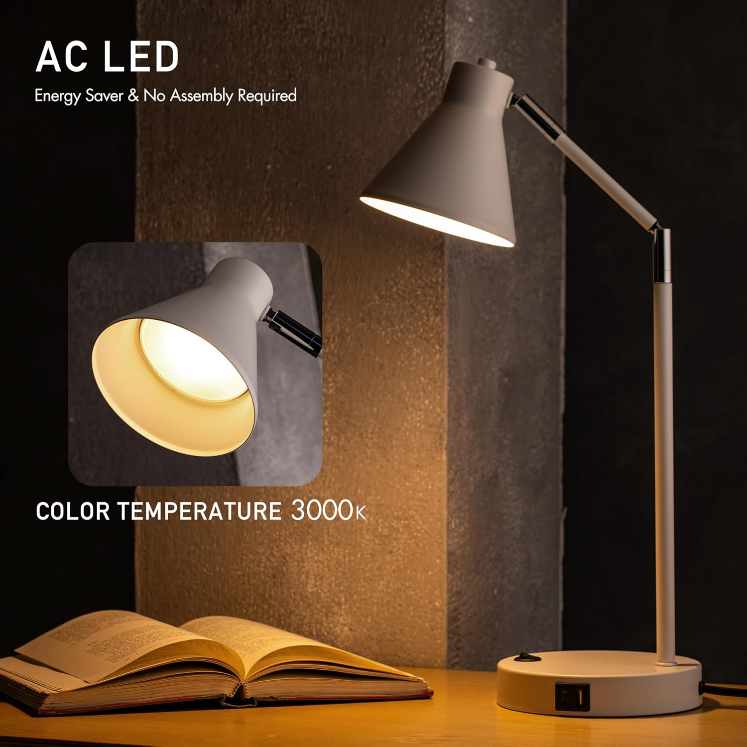 O'Bright Astrum - LED Desk Lamp with Dual USB Charging Ports, 100% Metal, 270 Degree Swivel Arms, Soft White Light