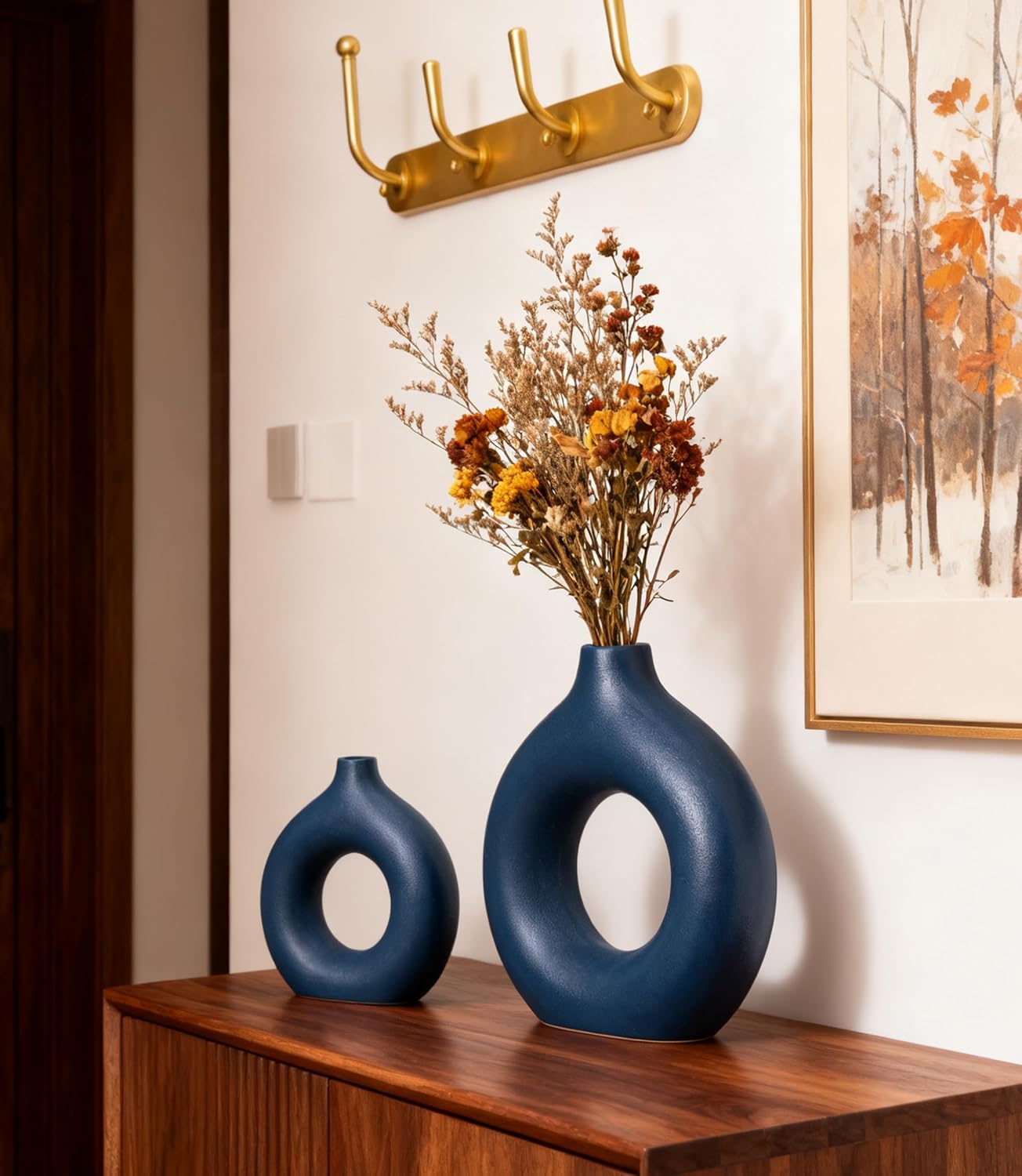 Ceramic Donut Vase Home Decor Modern Farmhouse Style Living Room Ornament / Vt11 Blue / Set of 2
