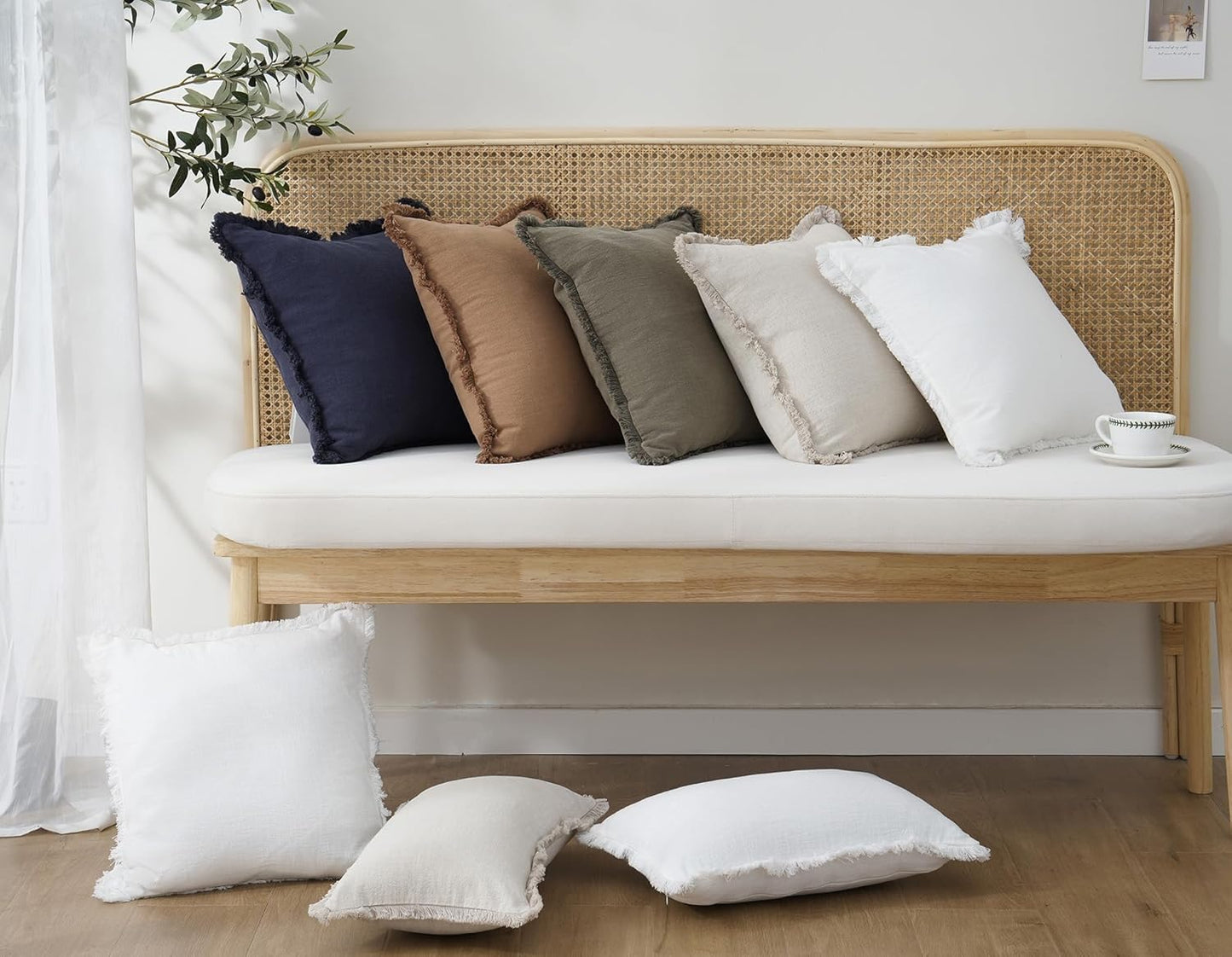 Decorative Linen Fringe Throw Pillow Covers Boho Farmhouse / 18 x 18 / Natural Beige / Set of 2