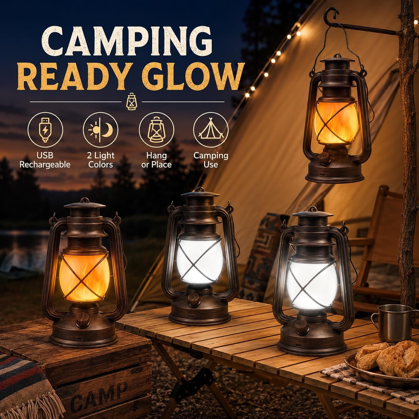 Marlrin USB Rechargeable Lanterns 2 Pack with Remote Control 4 Modes Lights | Vintage Hanging Lanterns Outdoor