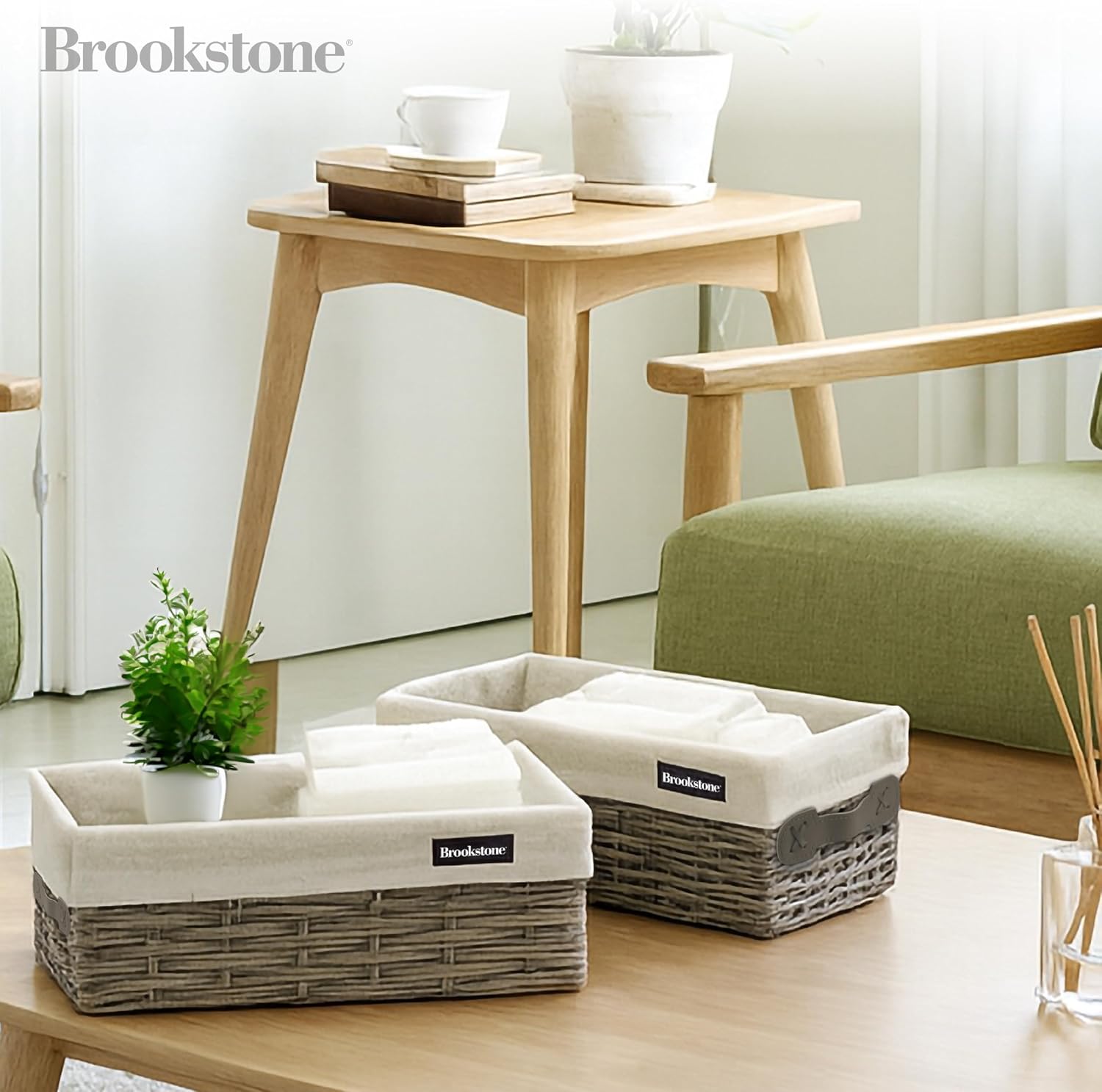 Wicker Shelf Storage Basket Decorative Shelf Bin / Grey Two Pack with Handles
