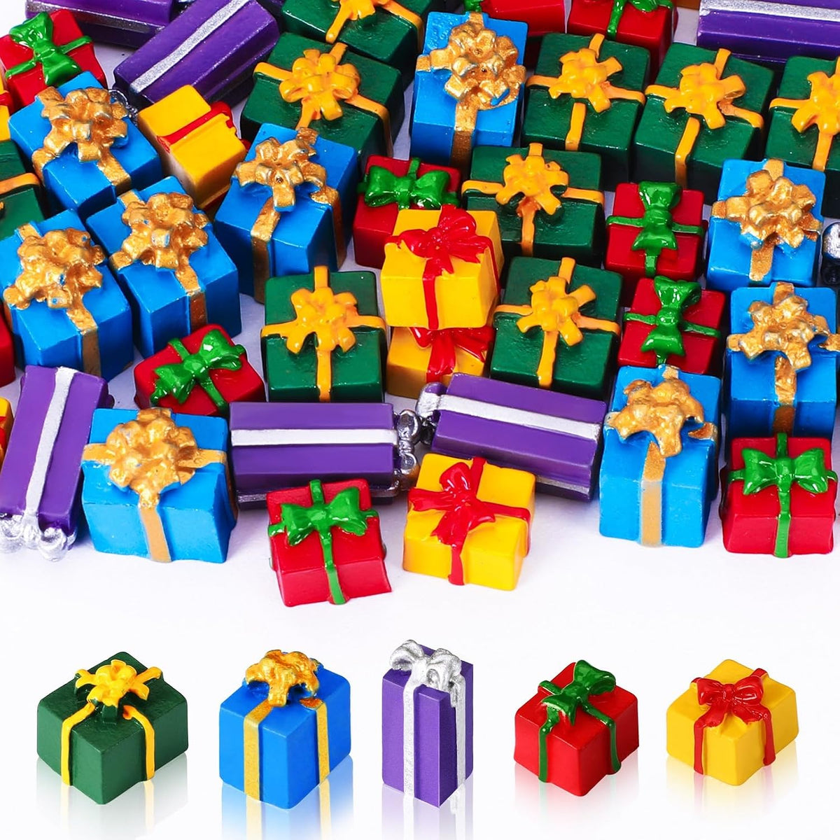 JUNEBRUSHS 50 Pcs Christmas Miniatures for Crafts, Christmas Tree Mini Resin Presents Charms Mini Christmas Ornaments Figurines for Tree Decor Vase Filler Xmas Crafts
