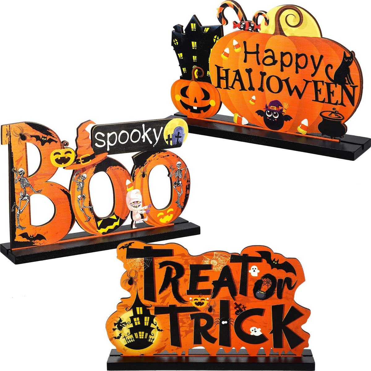 Blulu 3 Pcs 3 Pcs Halloween Decor Indoor Wood Table Sign, Boo