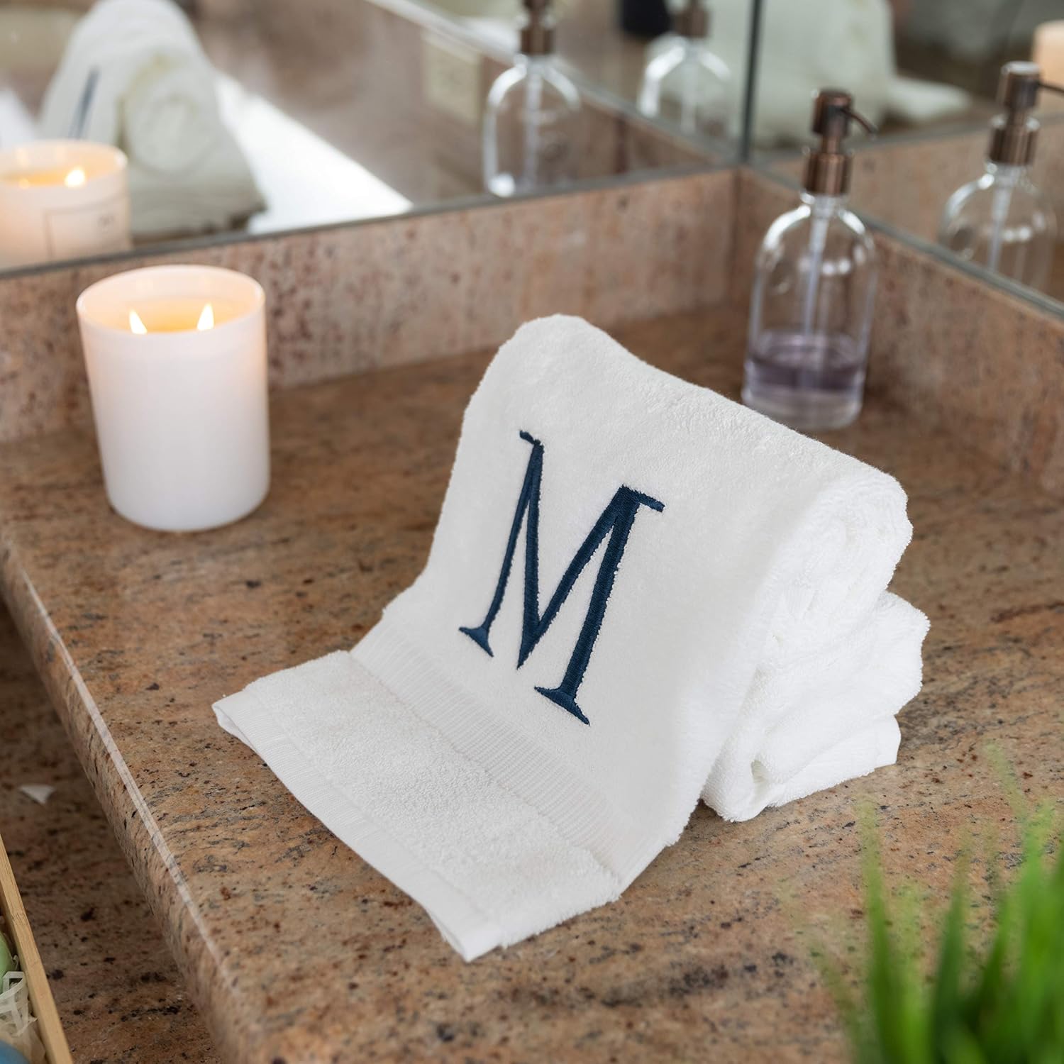 White with Navy Monogrammed Hand Towels for Bathroom - Set of 2 Letter M | Luxury Hotel Quality Initial Towels For