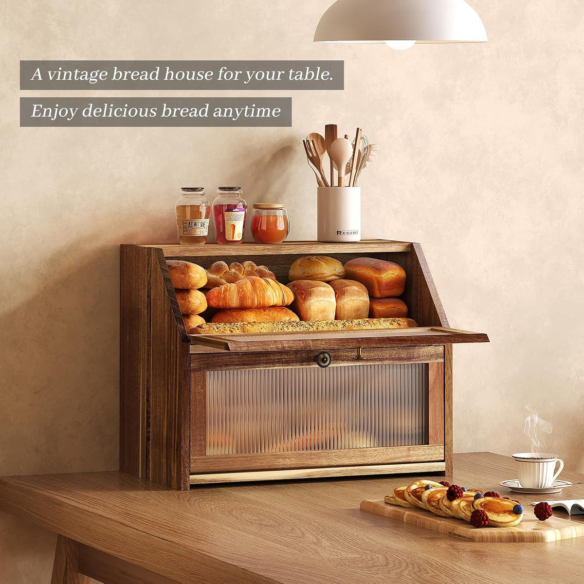Kitsanery Bread Box for Kitchen Countertop, Acacia Wood Bread Storage Container, 2 Layer Large bread holder, Pantry