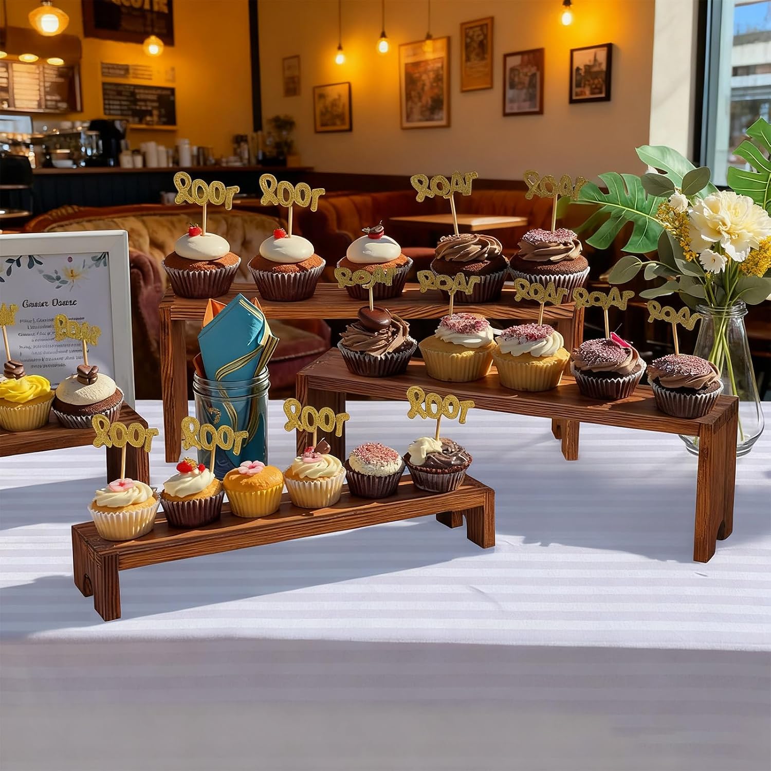 Large Stackable Wooden Cupcake Stand Tiered Riser Display Stands for Vendor / Dark Brown / Set of 2