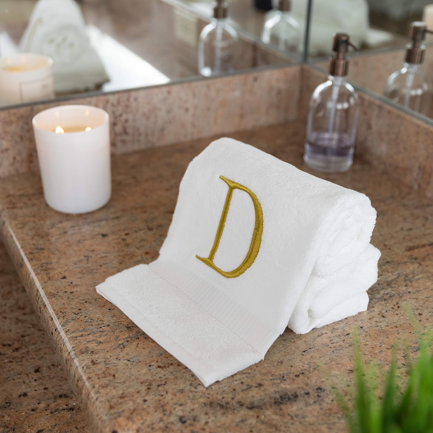 White with Gold Monogrammed Hand Towels for Bathroom - Set of 2 Letter D | Luxury Hotel Quality Initial Towels For