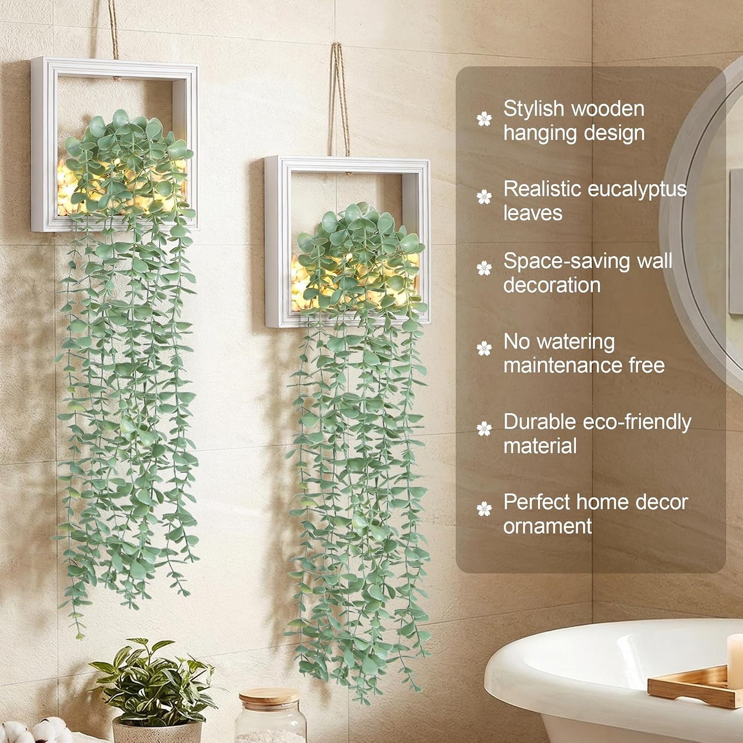 Artificial Eucalyptus Vines in Square Wooden Frame / 7.8" White / Set of 2
