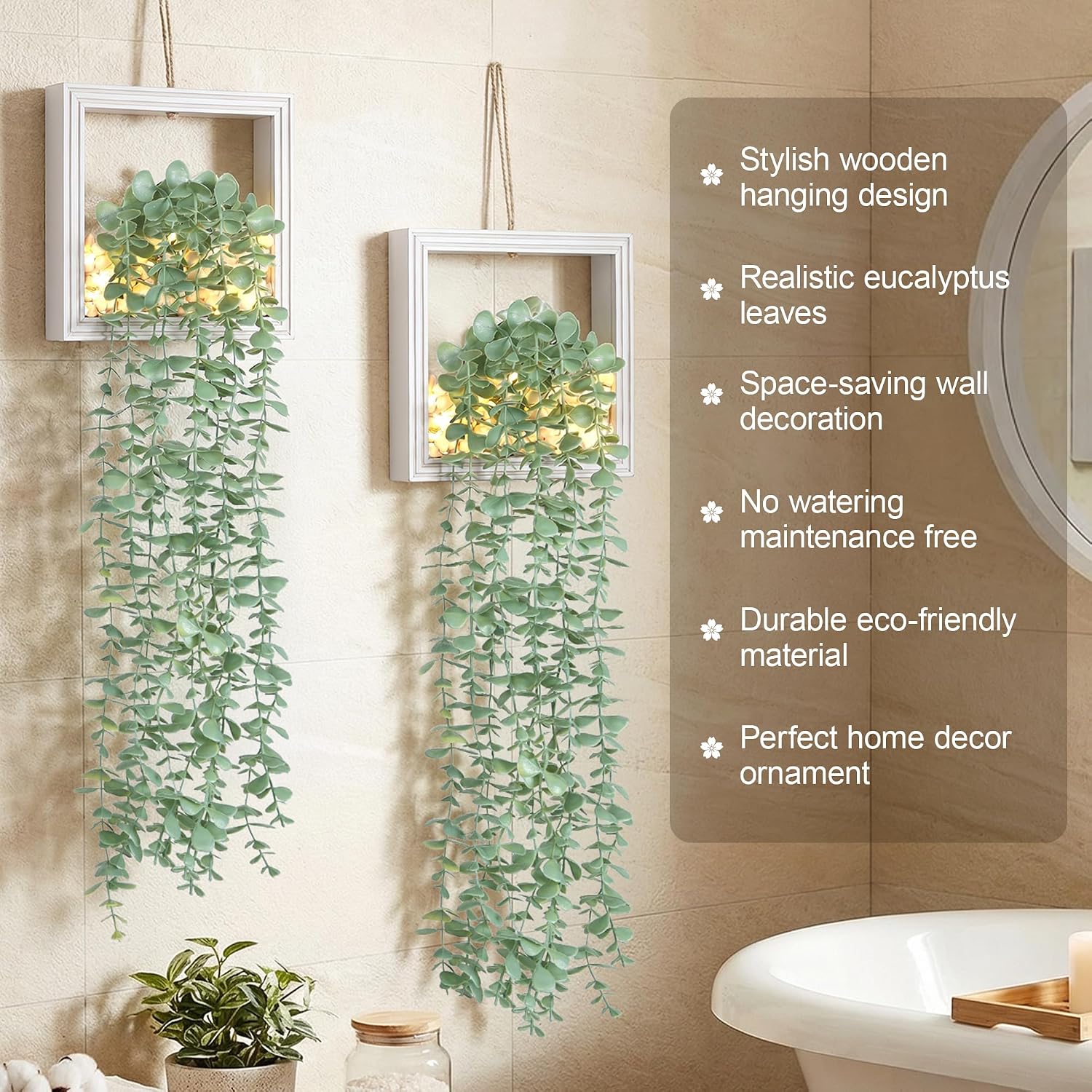 Artificial Eucalyptus Vines in Square Wooden Frame / 7.8" White / Set of 2