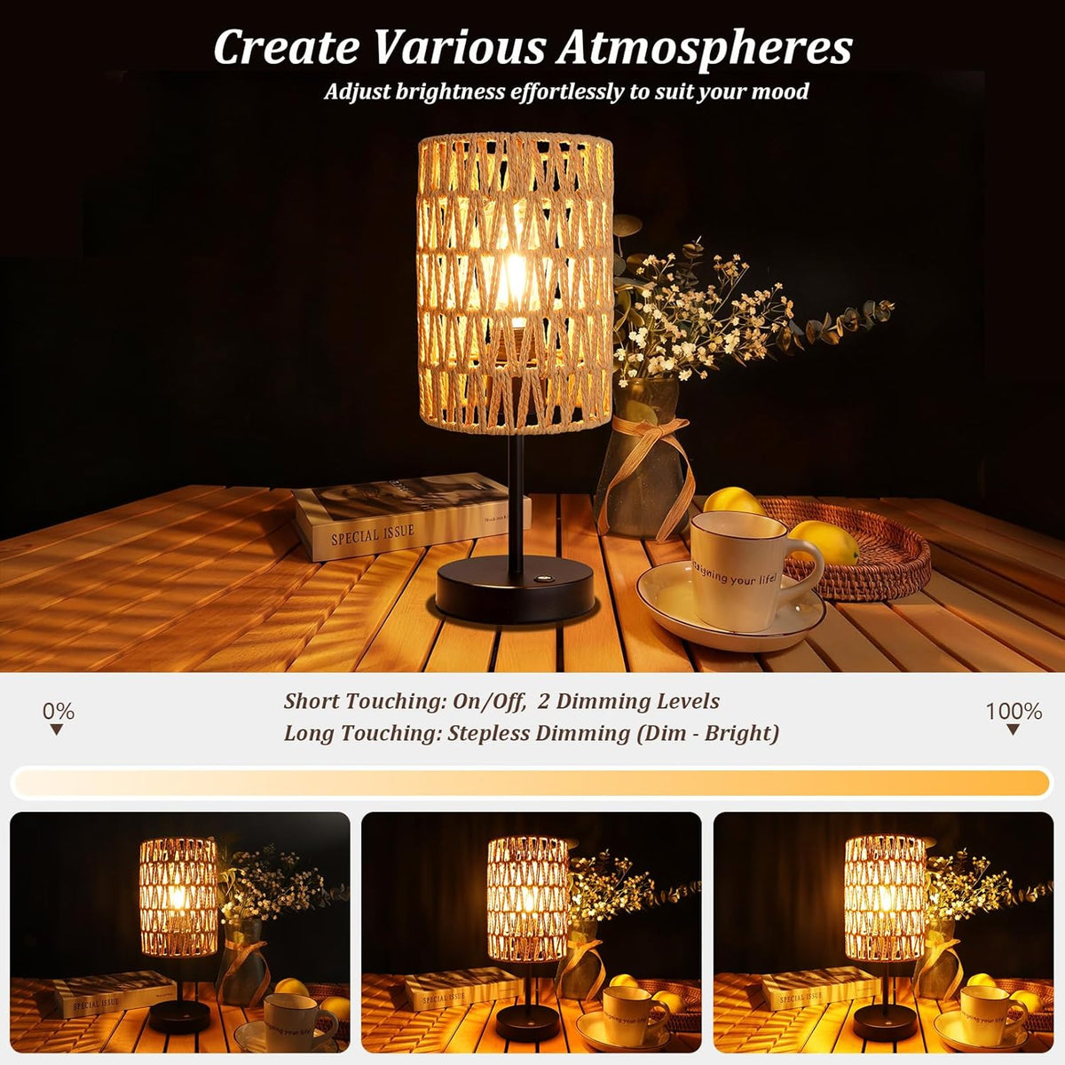 Rechargeable Outdoor Table Lamps, Rattan Boho Cordless Battery Operated Table Lamps, Patio Lamp for Living Room