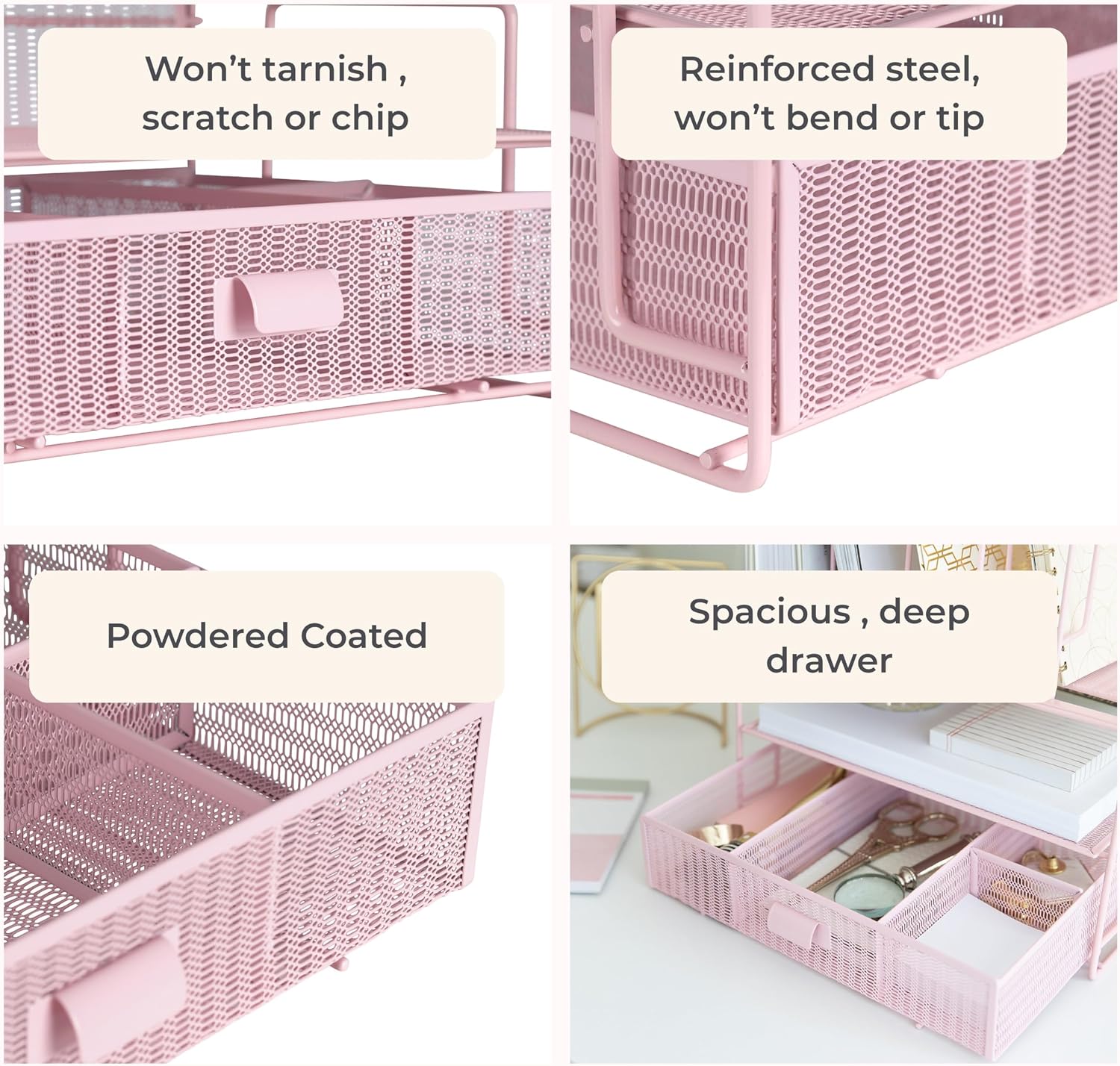 BLU MONACO | Pink Desk Organizer with Drawer | Wire Mesh Desk Organizer File Sorter | Metal Desktop Storage for Office