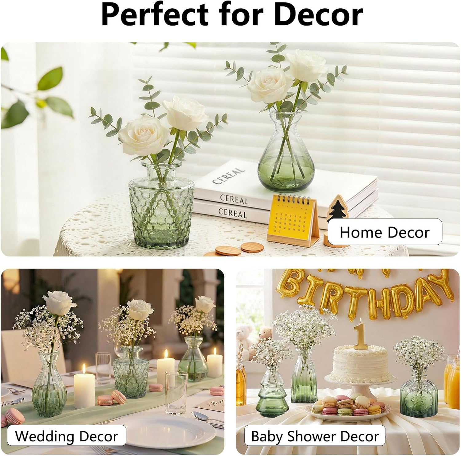 Glass Bud Vases Mini Flower Vase Small Vintage Vases for Centerpiece Table Wedding / Gradient Green