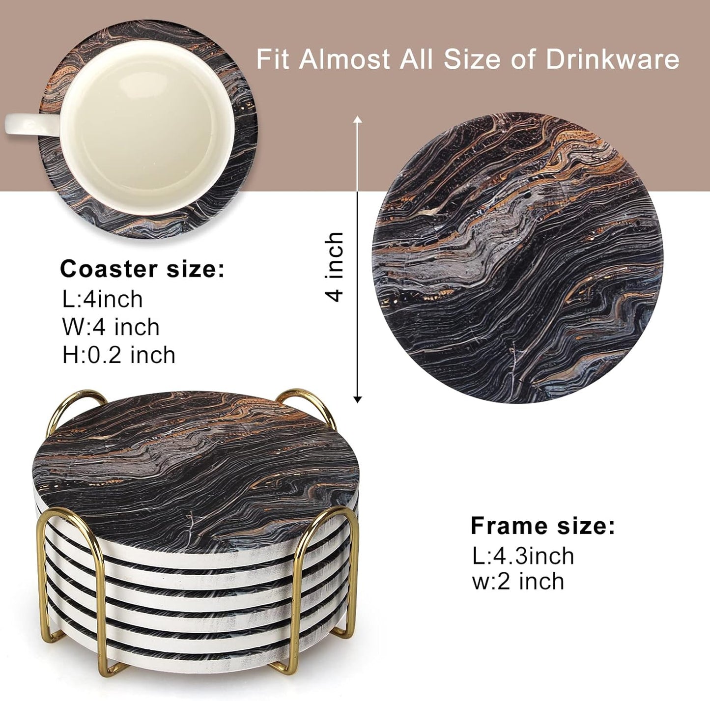 Holder Best Absorbent Drink Coasters Round Ceramic Table Coasters Set / Black Marble / Set of 6