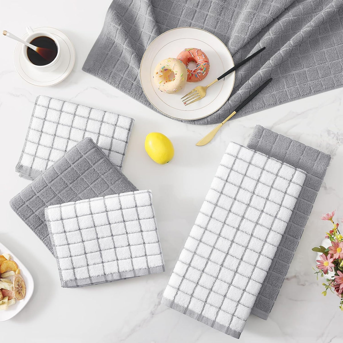 Homaxy Large Premium Cotton Kitchen Towels 16"x 28", 6 Pack, Light Grey | Natural Ring Spun 390 GSM Dish Towels, Super