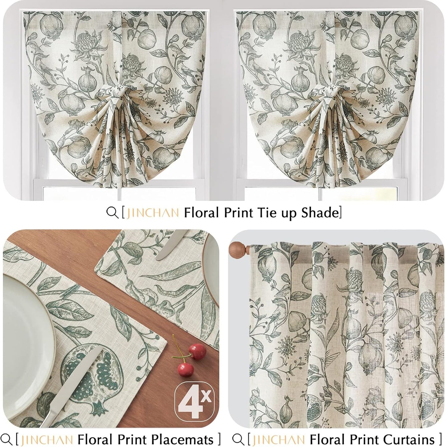 JINCHAN Linen Placemats Set of 4 Farmhouse Botanical Print 13x19 Dark Green | Fabric Placemats, Cottage Style