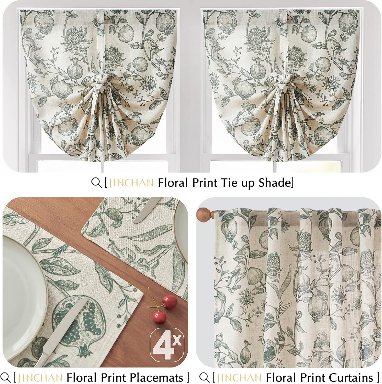 JINCHAN Linen Placemats Set of 4 Farmhouse Botanical Print 13x19 Dark Green | Fabric Placemats, Cottage Style