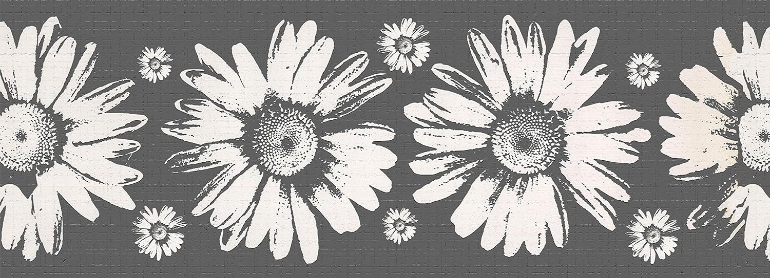 Wallpaper Border Peel and Stick DDAZBD9159 Floral White Sunflowers Wall Border Retro / Grey / 15 ft