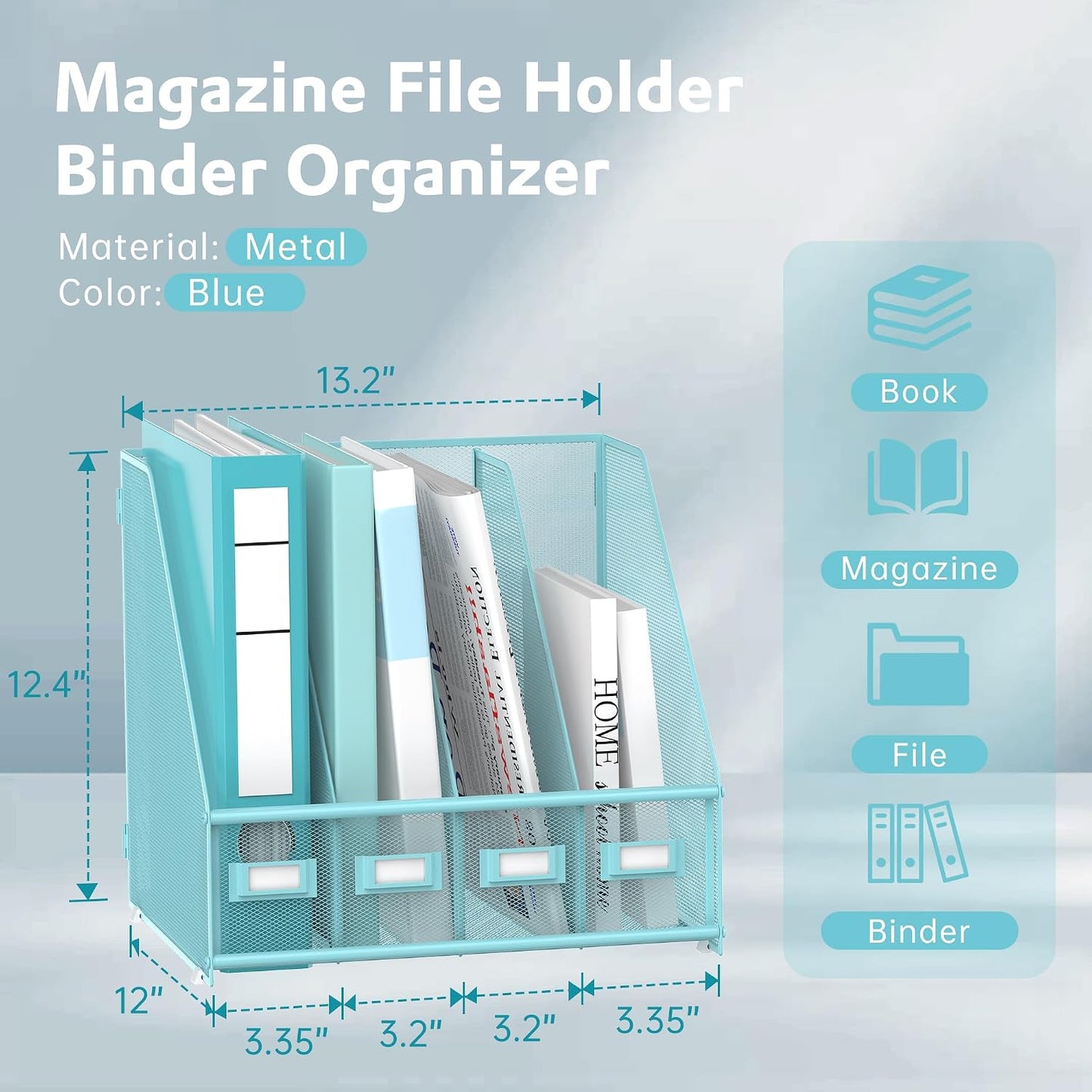 4-Compartment Magazine File Holder and File Organizer for Desk, Blue | Metal Magazine Holder and Magazine File Holder