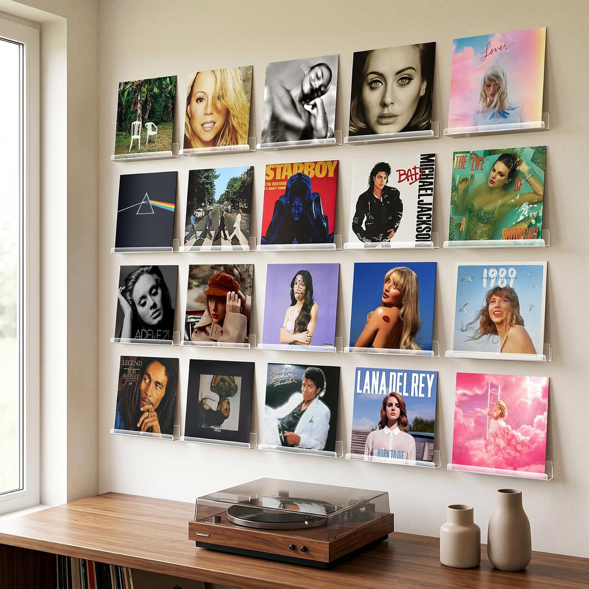 Gotega Vinyl Record Shelf Wall Mount 20 Pack, 12 inch Album Record Display | Clear Acrylic Floating Shelves for Wall