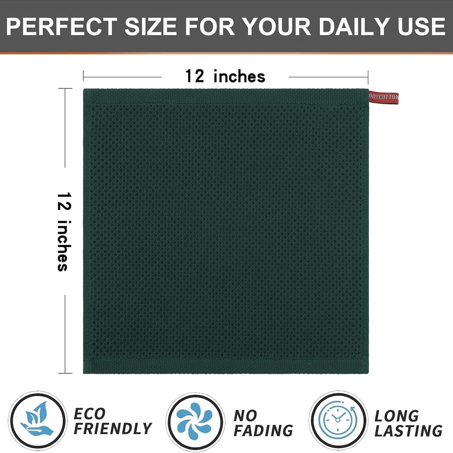 Kitinjoy Cotton Waffle 12-Pack Kitchen Towels, 12" x 12", Blackish Green | Ultra Absorbent, Super Soft, lightweight