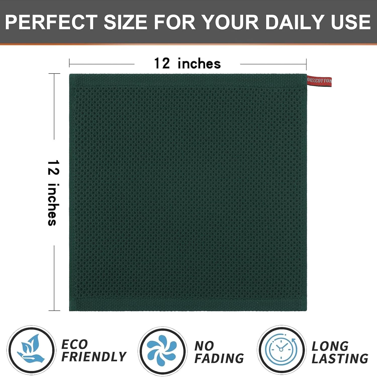 Kitinjoy Cotton Waffle 12-Pack Kitchen Towels, 12" x 12", Blackish Green | Ultra Absorbent, Super Soft, lightweight