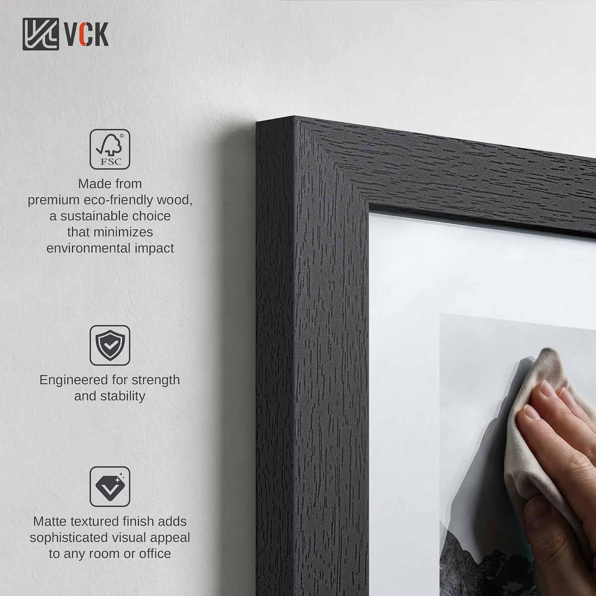 VCK 5x7 Picture Frames - Black, Wide Border Solid Wood Frame, Display Photo in Horizontal and Vertical, for Home