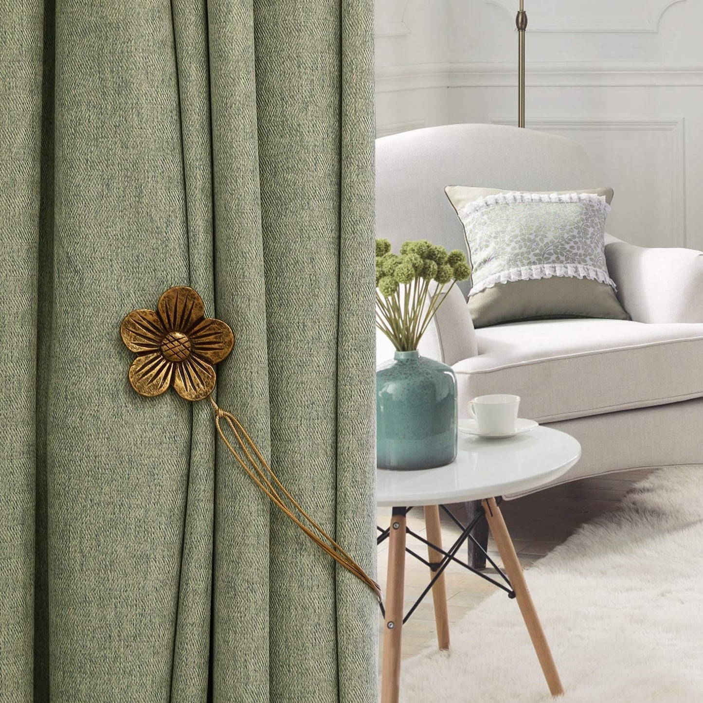 Lewondr Magnetic Curtain Tiebacks, Flower Vintage Curtain Holdbacks, Coffee | 2 Pairs, Resin Curtain Ties with Rope