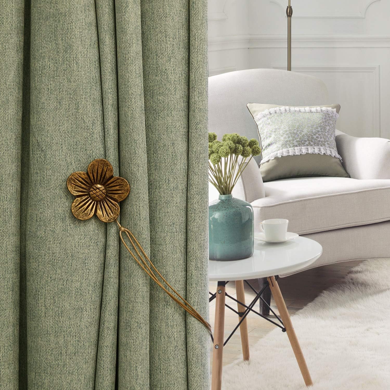 Lewondr Magnetic Curtain Tiebacks, Flower Vintage Curtain Holdbacks, Coffee | 2 Pairs, Resin Curtain Ties with Rope