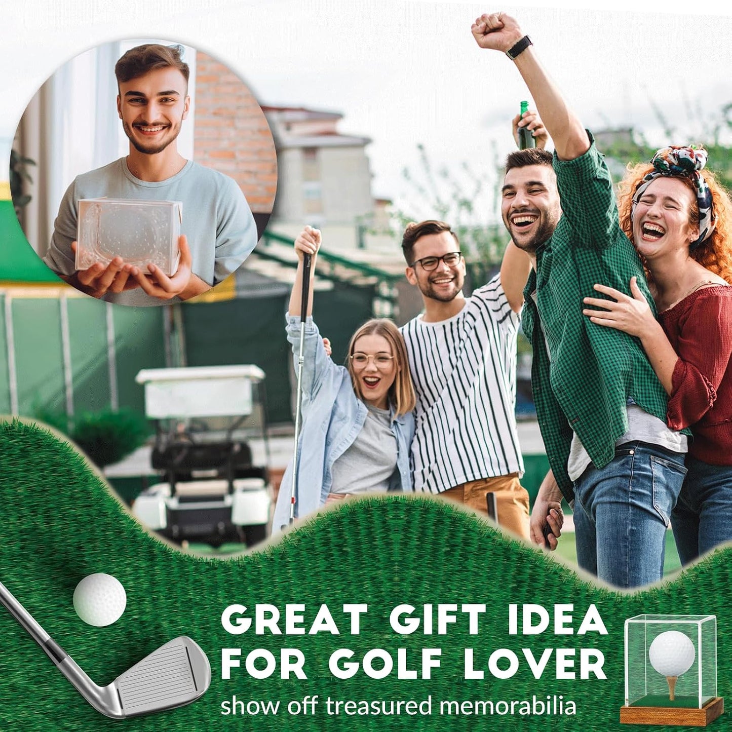 Golf Ball Display Case Clear Acrylic Memorabilia Stand Cube Holder with Wood Base & Tee, Dust Protection Transparent