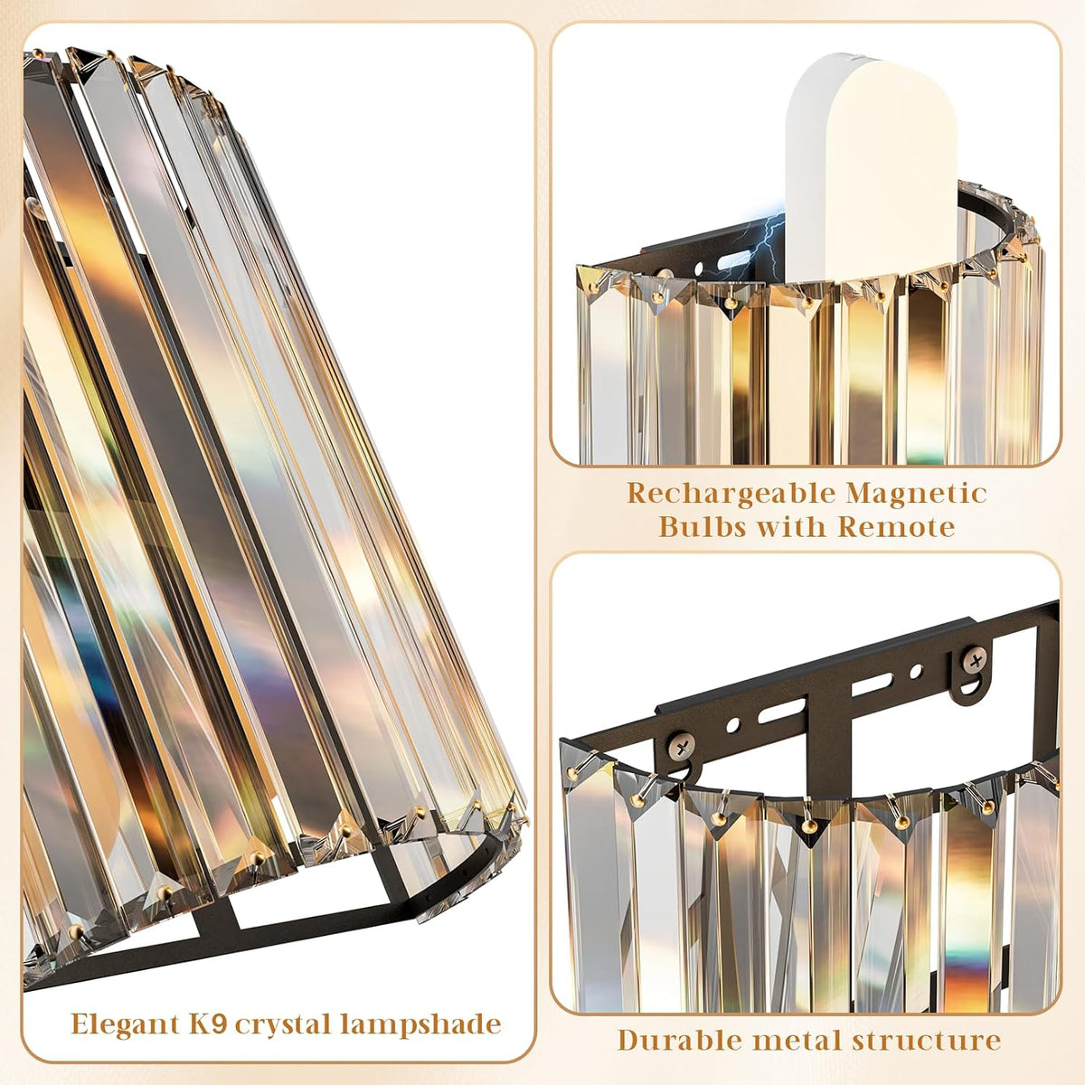 Black Battery Operated Wall Sconces Set of Two, Crystal Wireless Wall Light with Remote, Rechargeable Cordless Wall