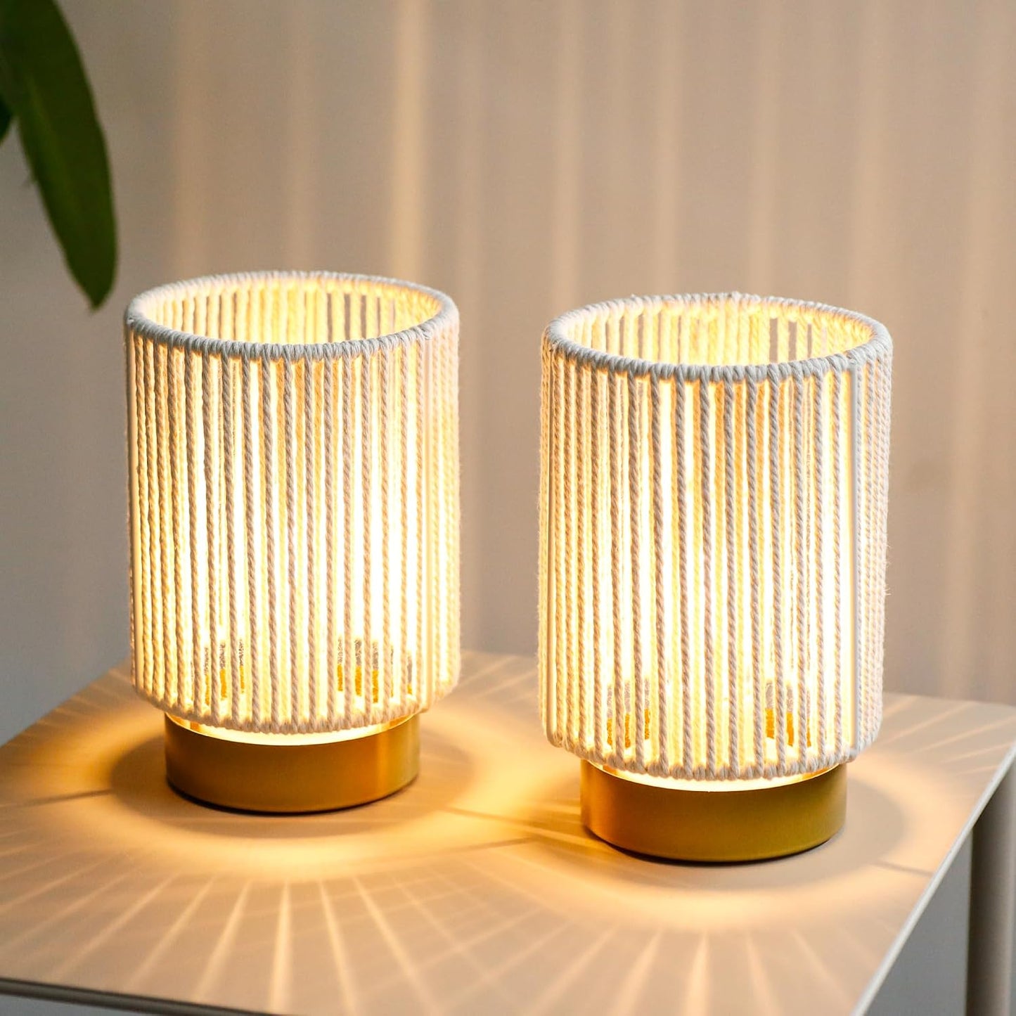 JHY DESIGN Set of 2 Braided Cotton Rope Table Lamp 6.5" Tall Battery Operated Lamp with 6 Hours Timer Beside Lamps