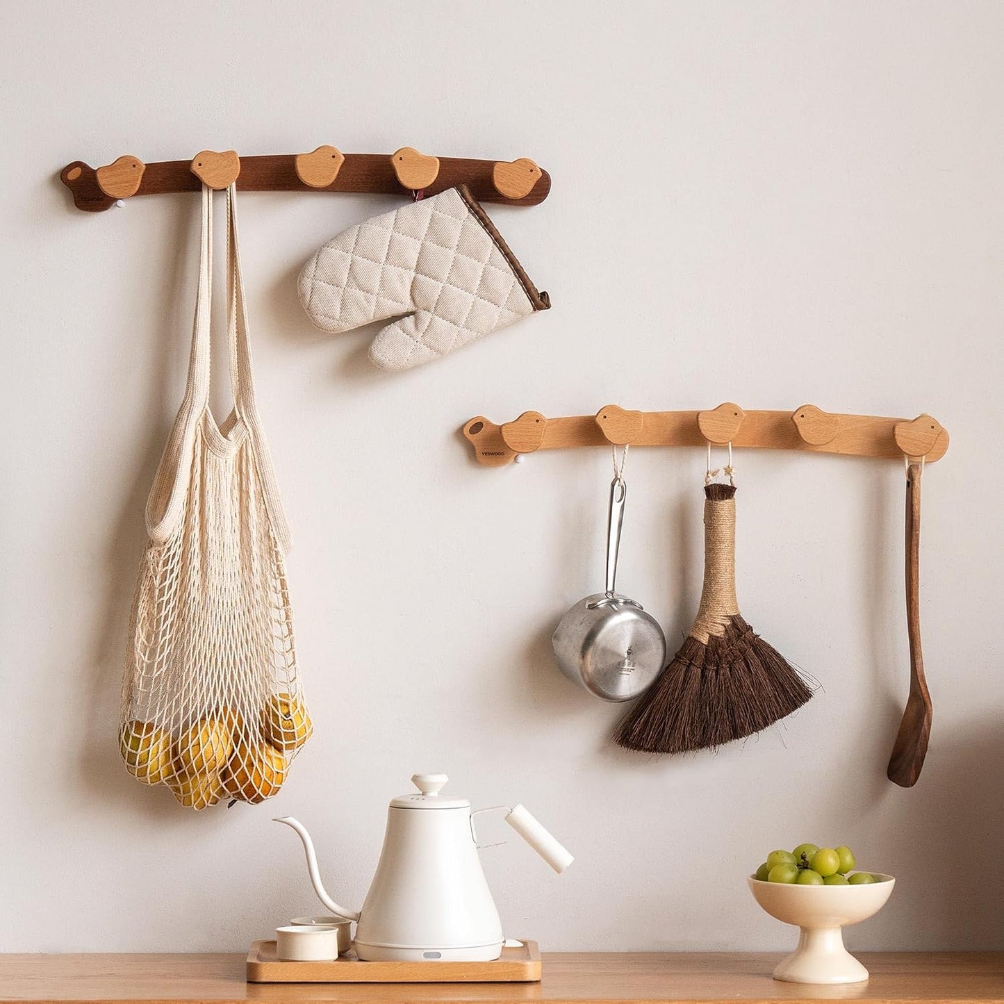 Solid Wood Wall Hooks, Coat Rack Wall Mount Cute for Kids, Entryway Hanging Shelf with 5 Hooks for Hats, Clothes