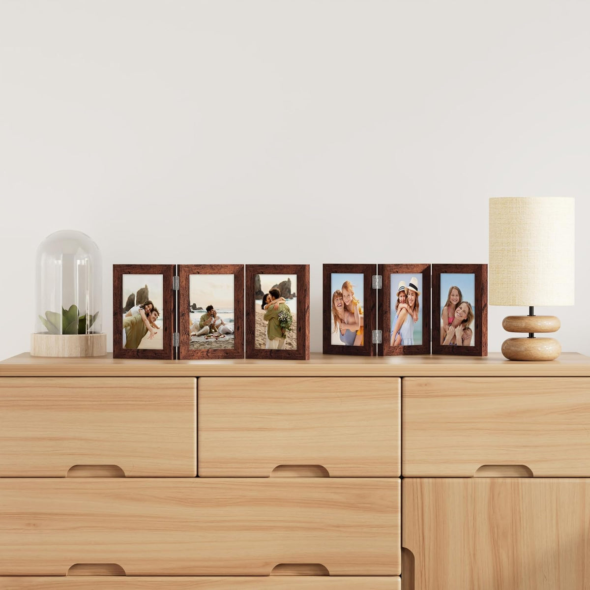 decorUhome Distressed Brown Triple 5x7 Picture Frame Vertical, MDDBN08 | "Z" Shape Folding Design Engineered Wood
