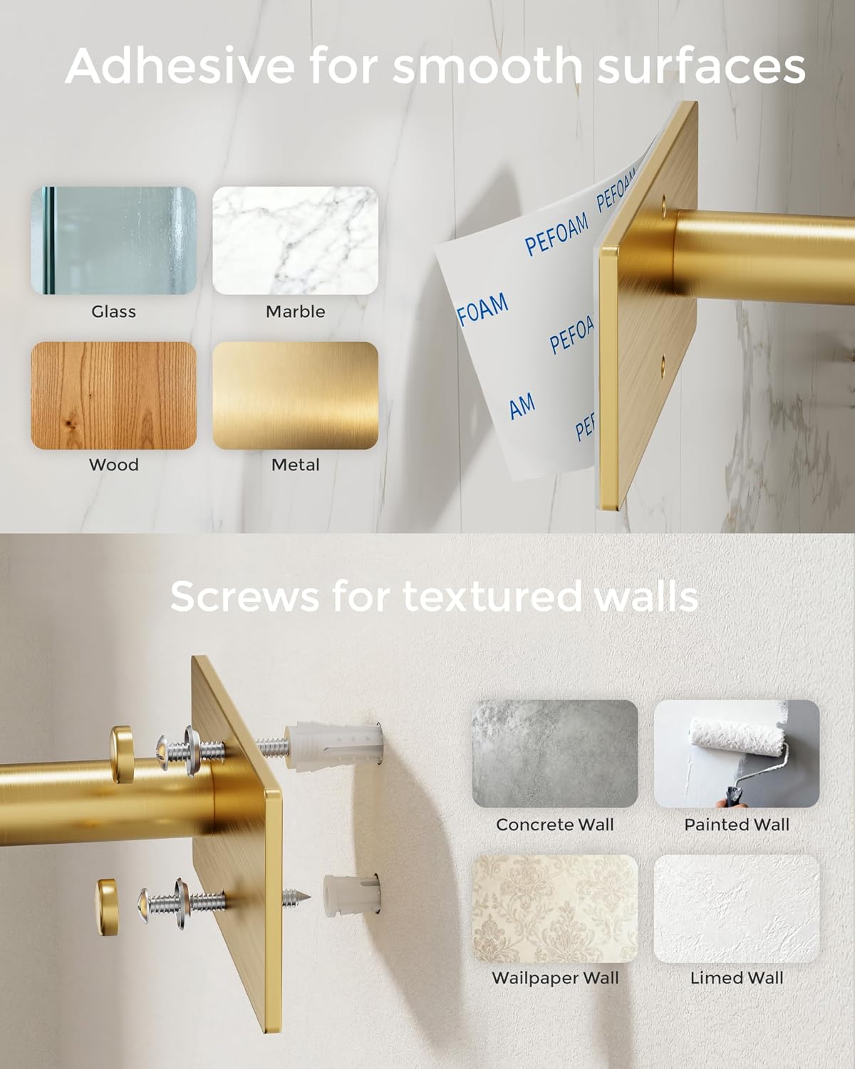 Gold Paper Towel Holder Under Cabinet with Damping Self Adhesive | 304 Stainless Steel Post Pivoting Design Wall