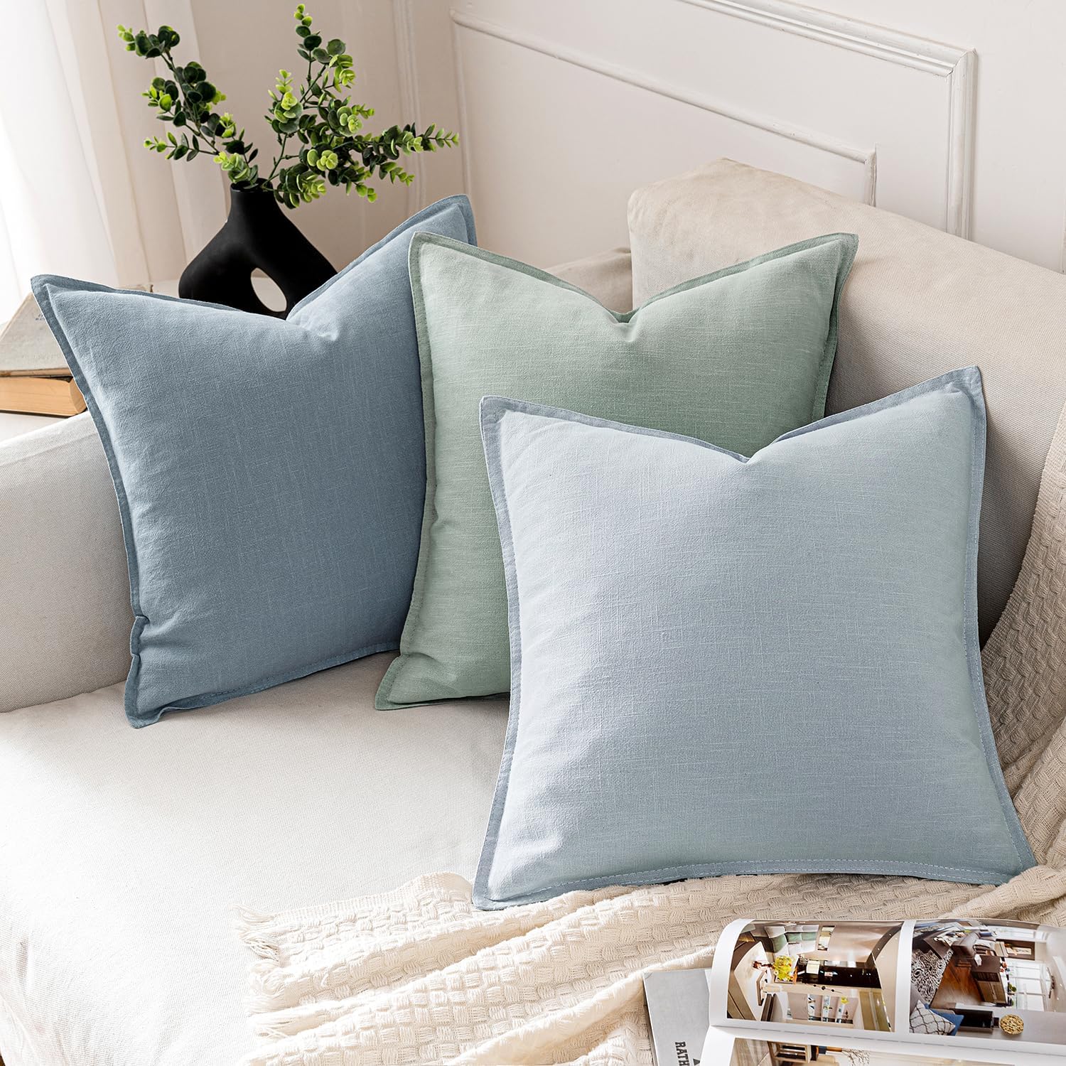 Decorative Linen Pillow Covers ​Boho Farmhouse​ ​Neutral Spring / 20 x 20 / Aqua Green / Set of 2