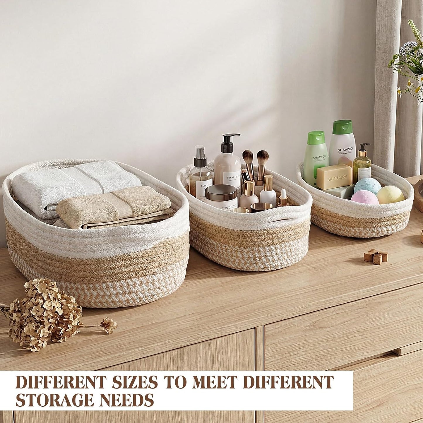 Boho Cotton Rope Storage Baskets for Organizing 3 Sizes Woven Shelf Basket Set Decorative / Set of 6