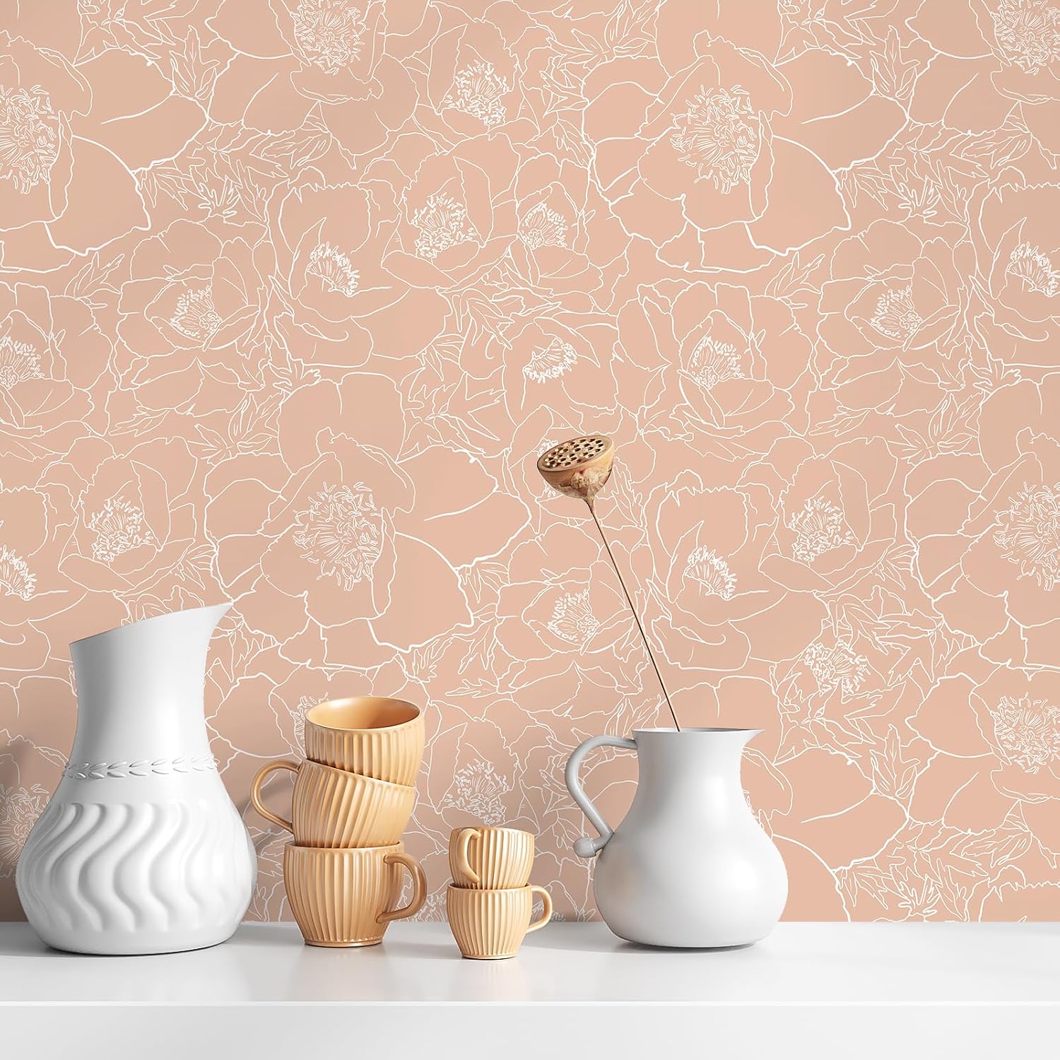Sketch Floral Wallpaper Boho Vintage Peonies Floral Peel and Stick Wallpaper / 17.7 x 118 / Peach