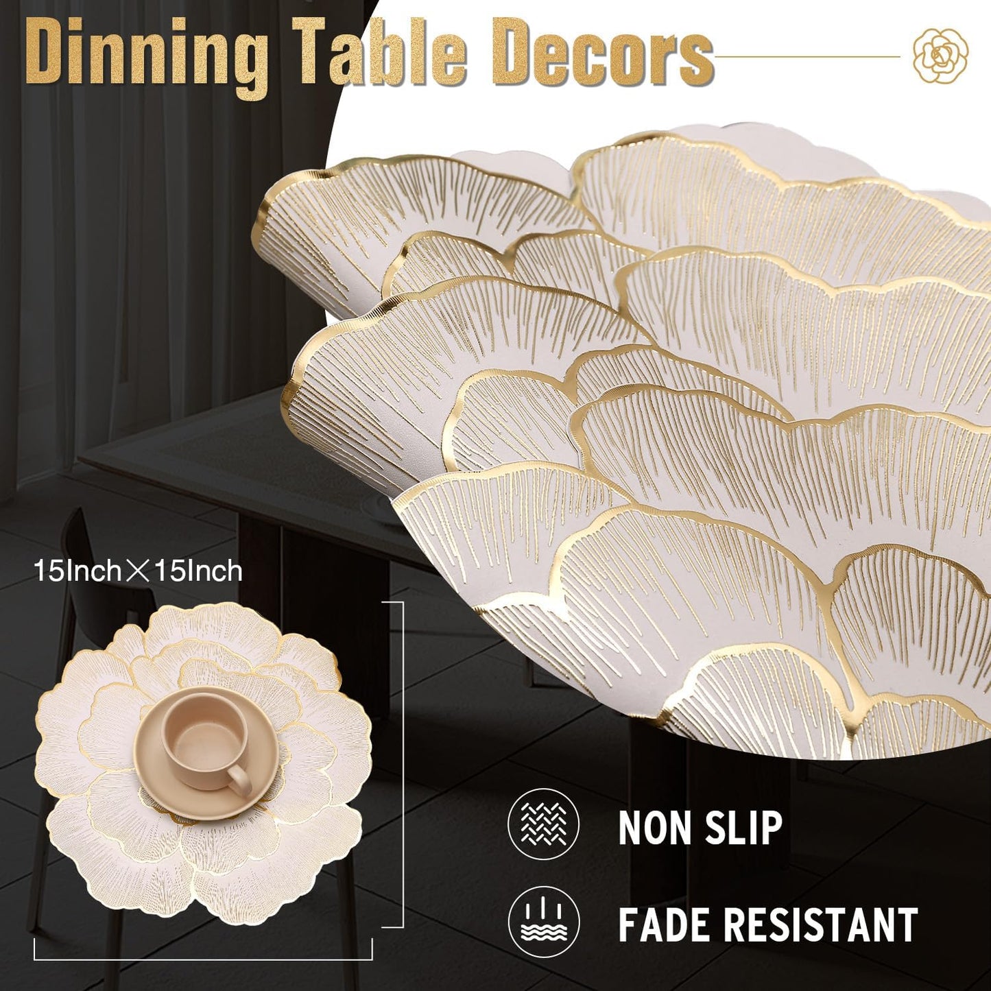 FAVE 12PCS Sparkling Floral Round Placemats Vinyl Gold Placemats | Placemats Set of 12 for Wedding, Banquets, Birthday