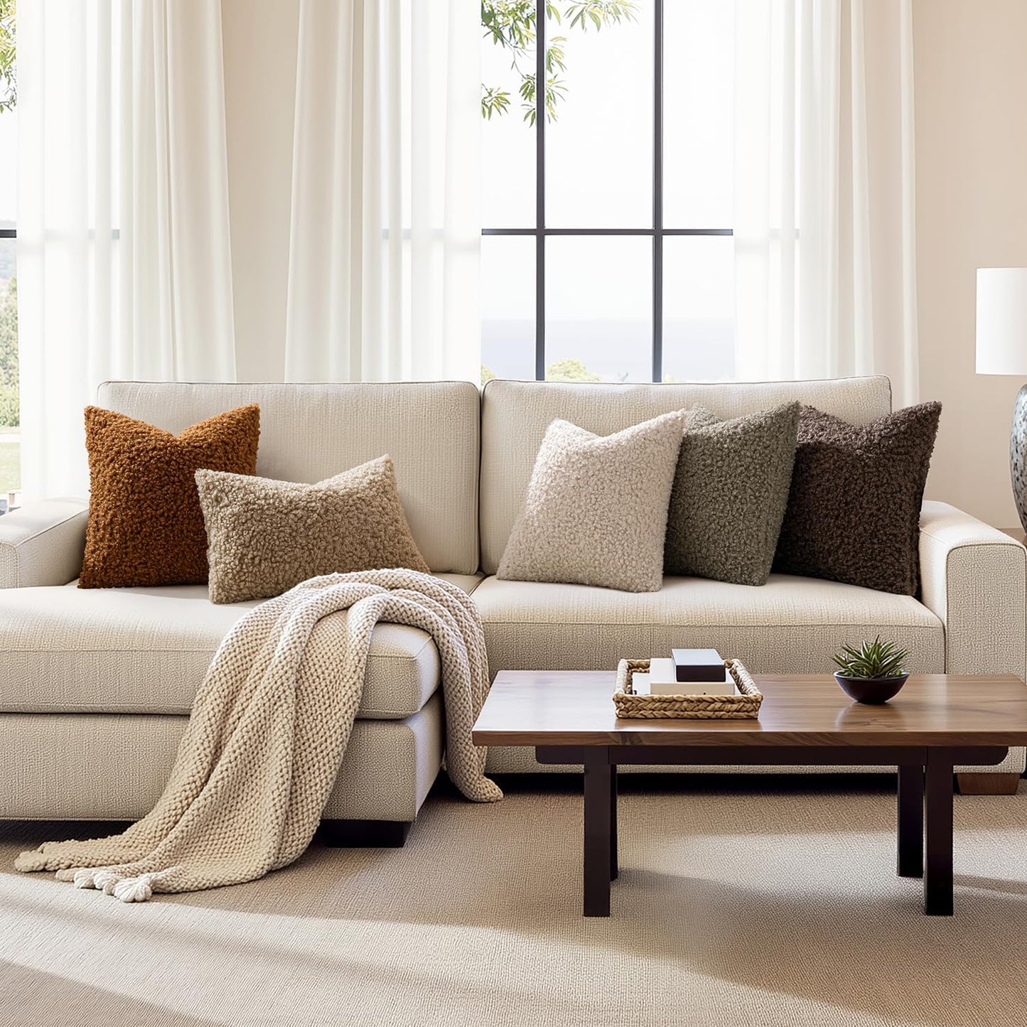 Faux Fur Throw Pillow Covers Boucle Neutral Decorative Sherpa Fuzzy / 18 x 18 / Brown / Set of 2
