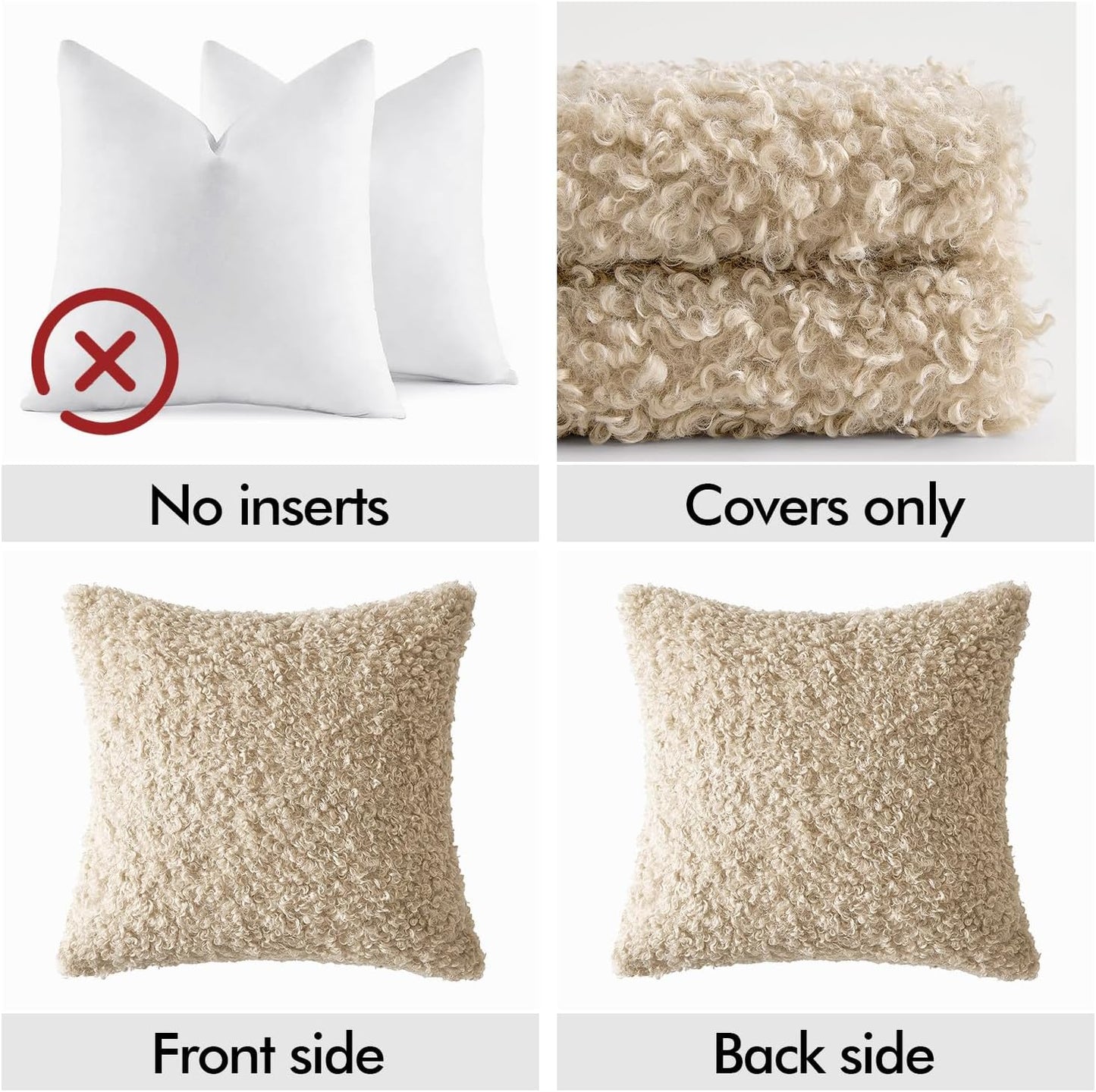 Teddy Faux Fur Throw Pillow Covers Soft Fuzzy Sherpa / Neutral Oatmeal / 18 x 18 / Set of 2