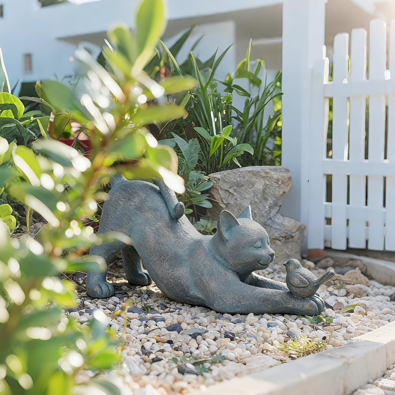 Cat Garden Statues Outdoor Cat-Figurines / Cat with Bird / 16 x 6 x 9.5