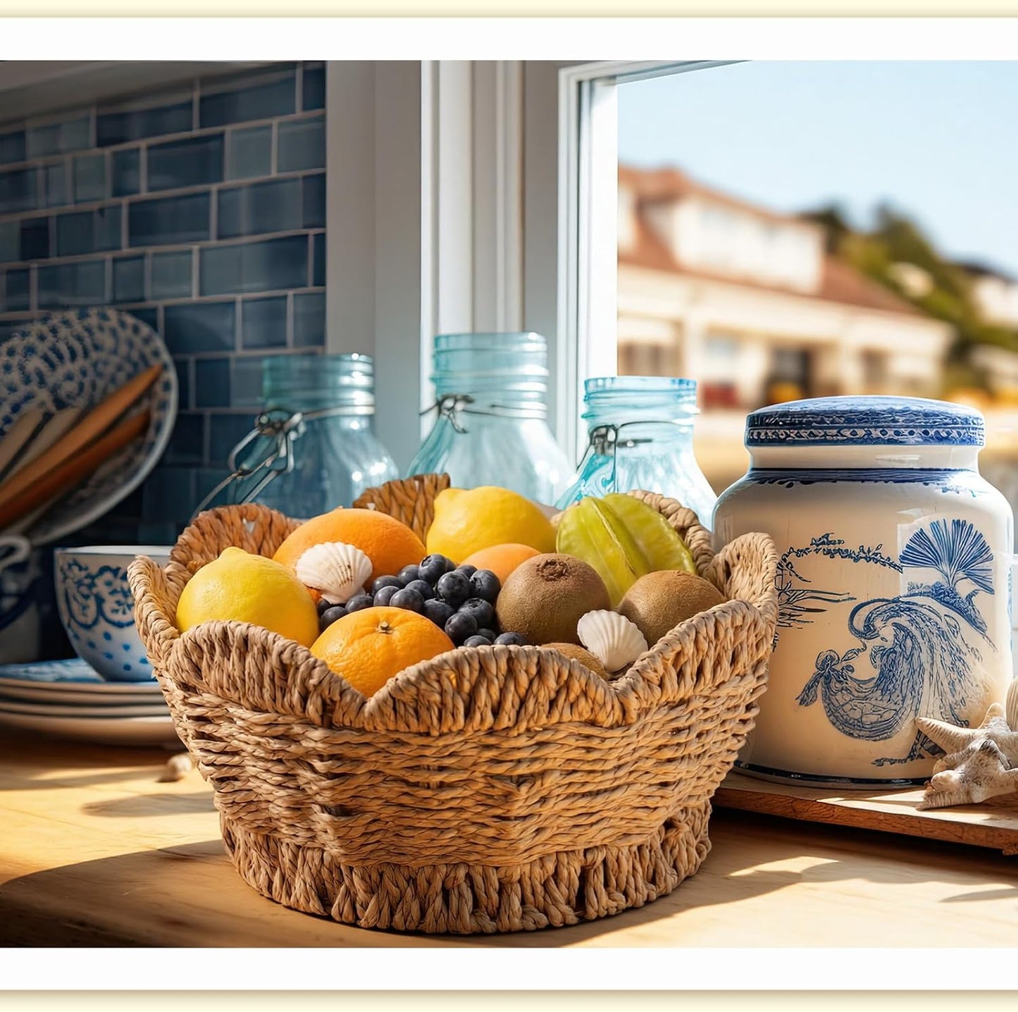 Scalloped Woven Basket Large Coastal Hand-woven Round Tabletop Organizer for Fruit Bread Kitchen