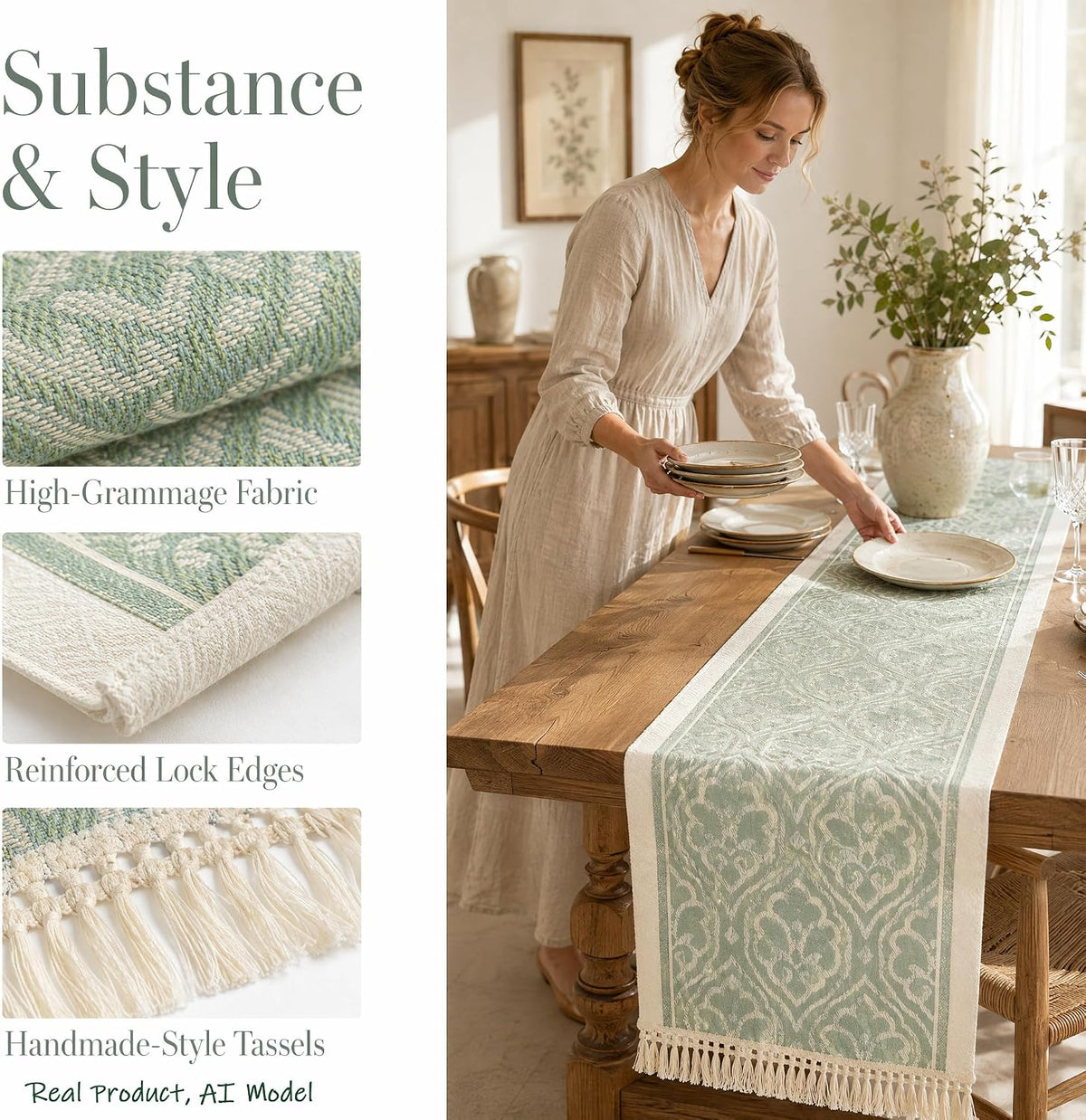 14x138 Botanical Table Runner Waterproof Floral Vine Boho Tassels | Planning a rustic wedding or banquet? This