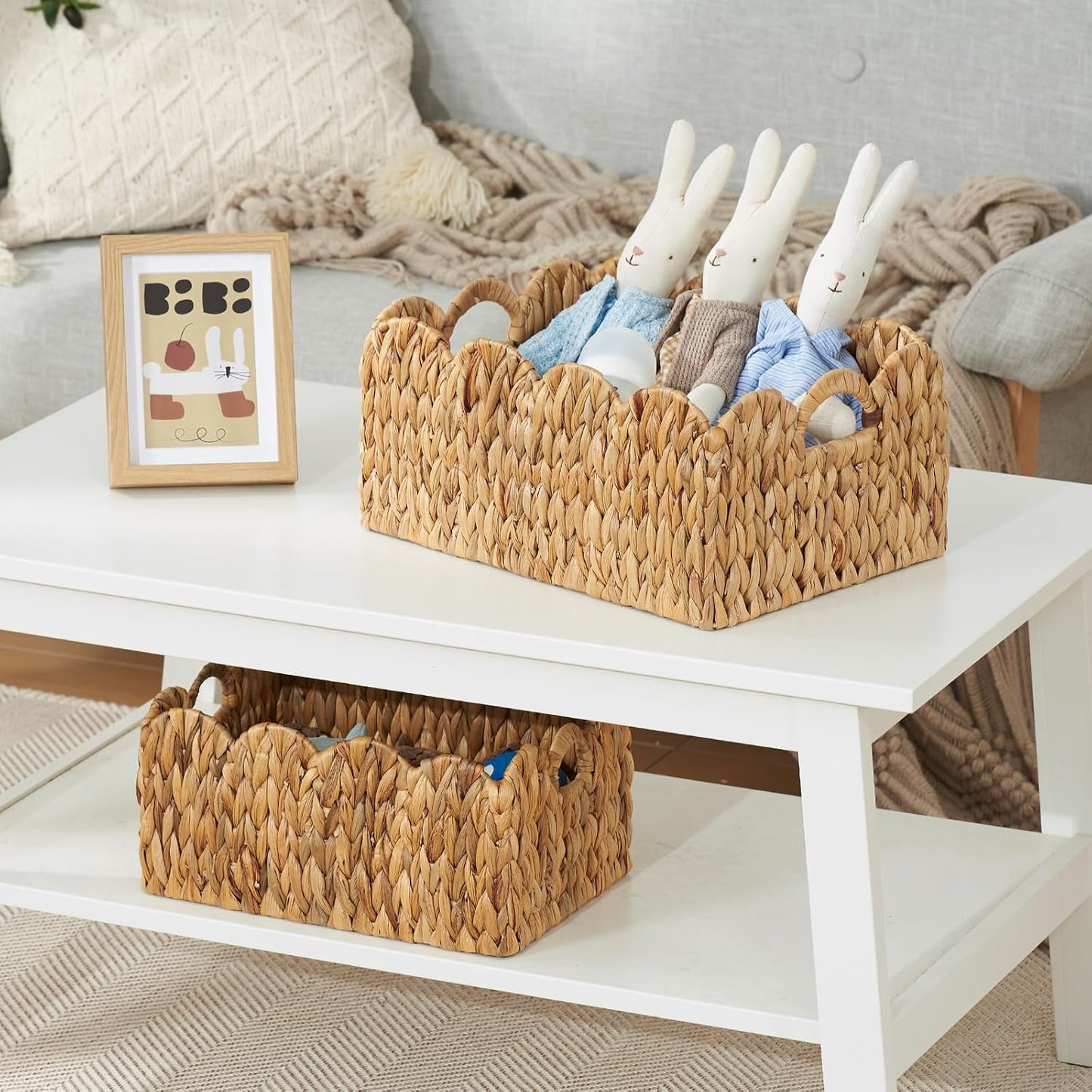 Wicker Basket / Handwoven Scalloped Wicker Storage Basket / Natural / L / Set of 2