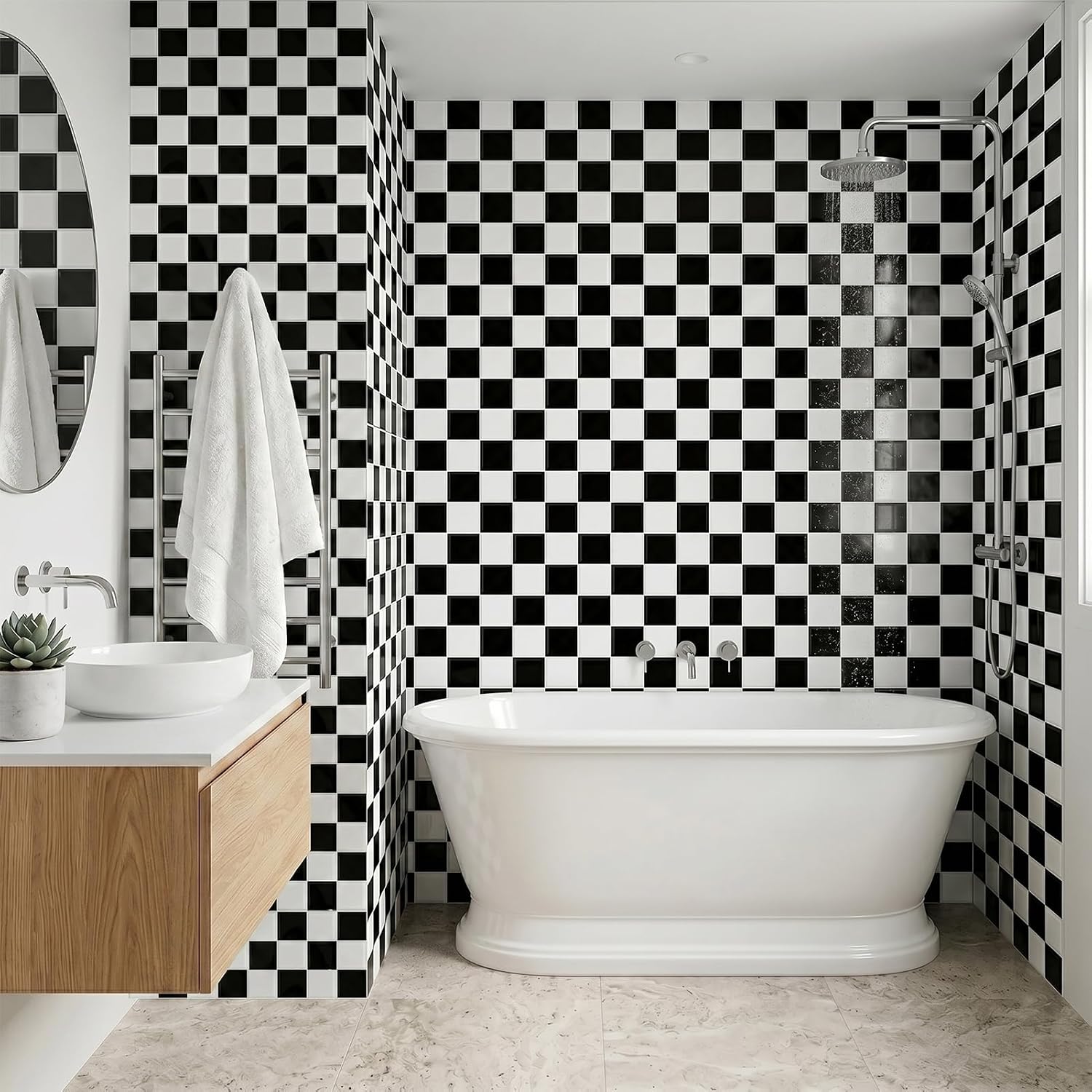 Peel and Stick Backsplash Subway Tiles / 10PC 9"L x 9"W / Checkered 1 / Black