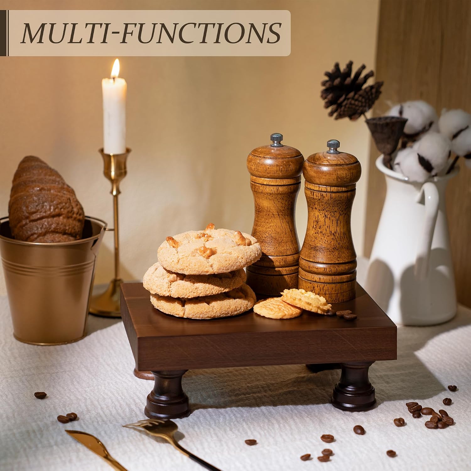 EOSAHR Wood Riser for Decor & Display Stand for Kitchen Counter, DarkBrown | Acacia Wood, Rich Wood Grain, 8.5"