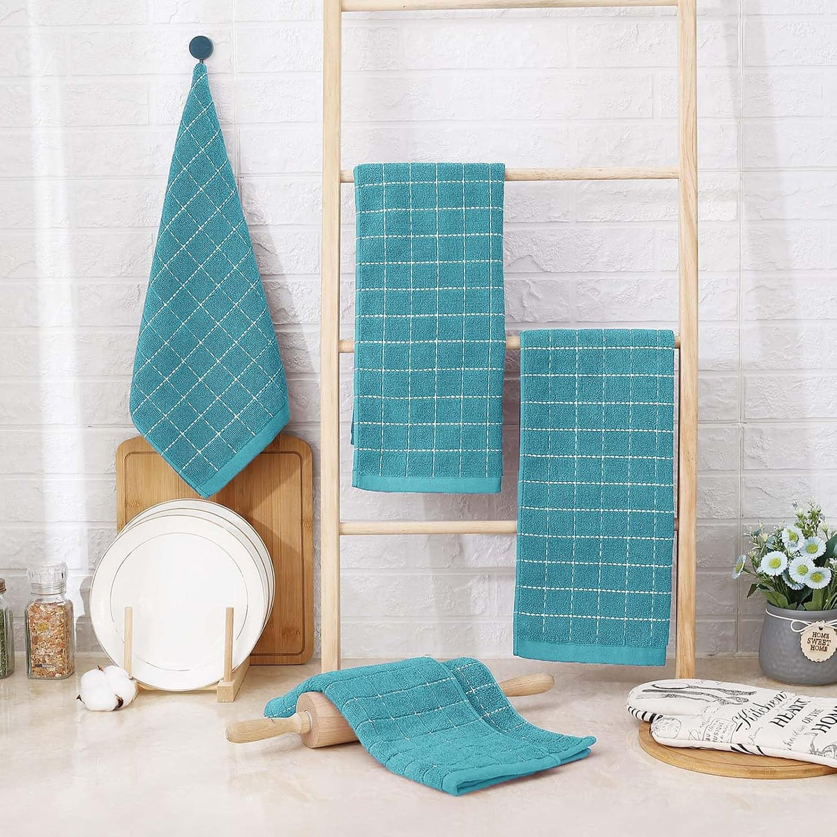 Homaxy Kitchen Towels and Dishcloths Set, Set of 16, Lake Blue | Bulk Cotton Terry Kitchen Towels, Checkered Designed