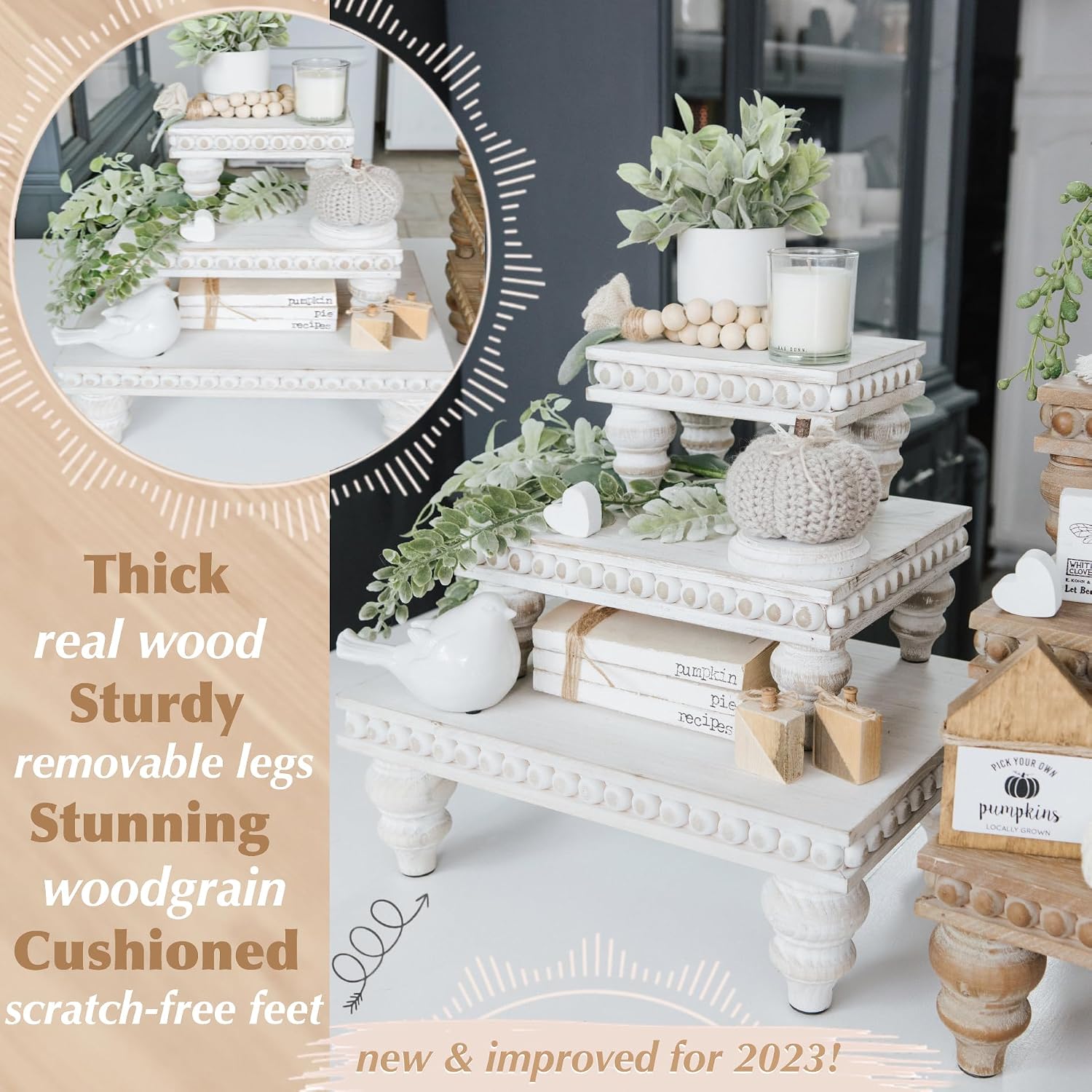 Decorative Tray [Set of 3] Wooden Tiered Tray Stand Display Risers - Tiered Tray Decor for Tabletop Use, Kitchen